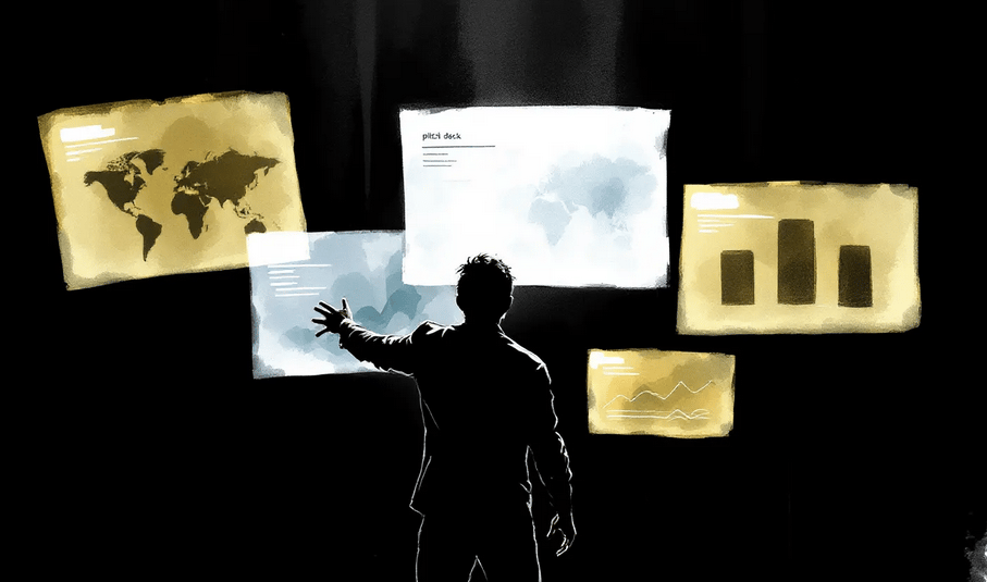 Silhouetted man reaching toward floating pitch deck slides with maps and bar charts