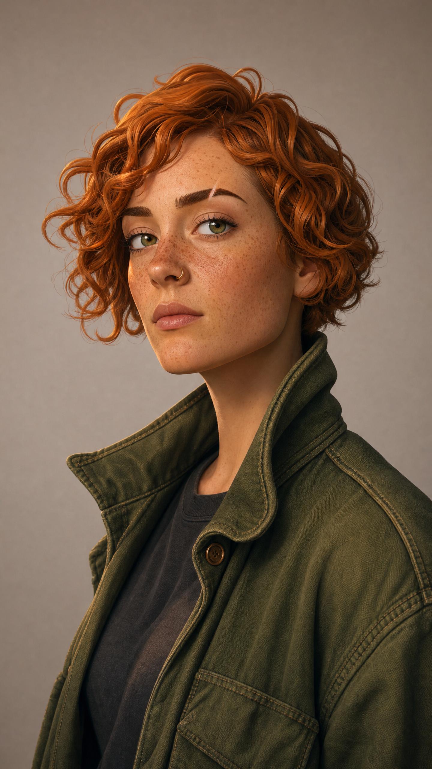 Digitally painted portrait of a freckled woman with curly red hair in an olive jacket