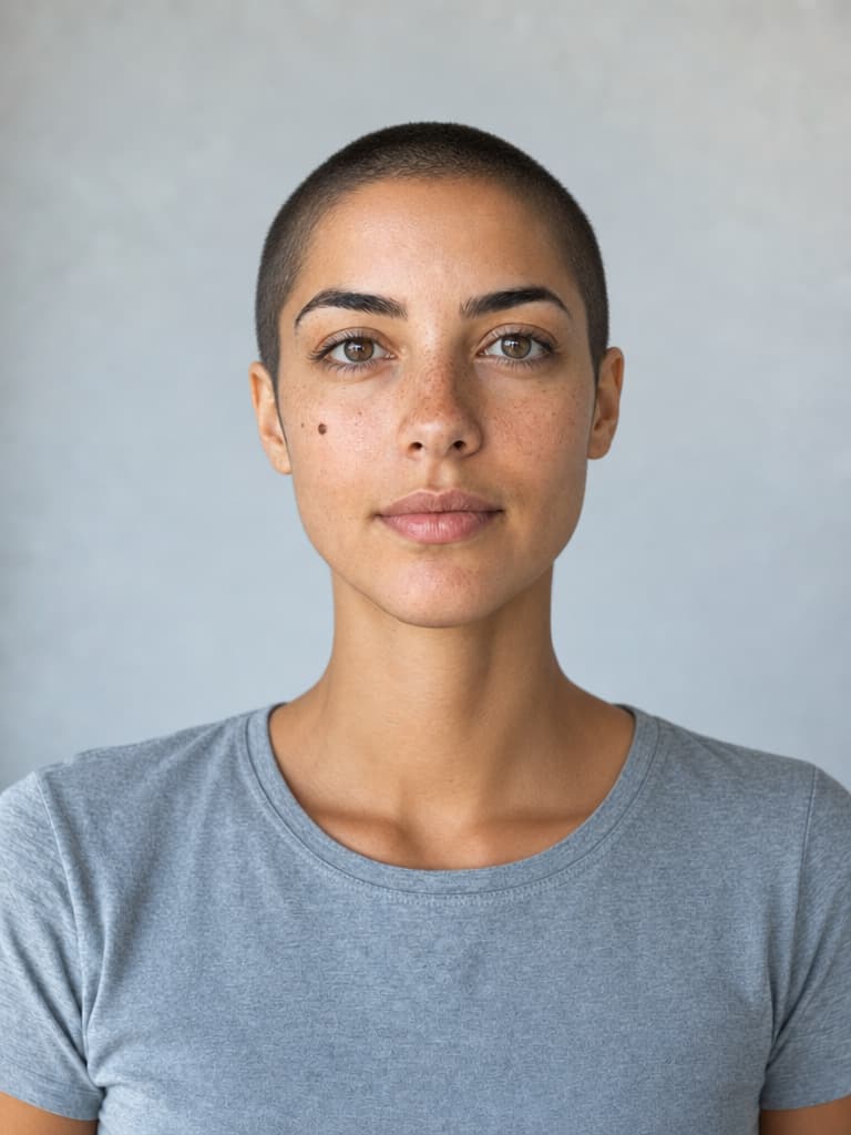 A woman with a buzz cut, in a gray T-shirt against a plain wall