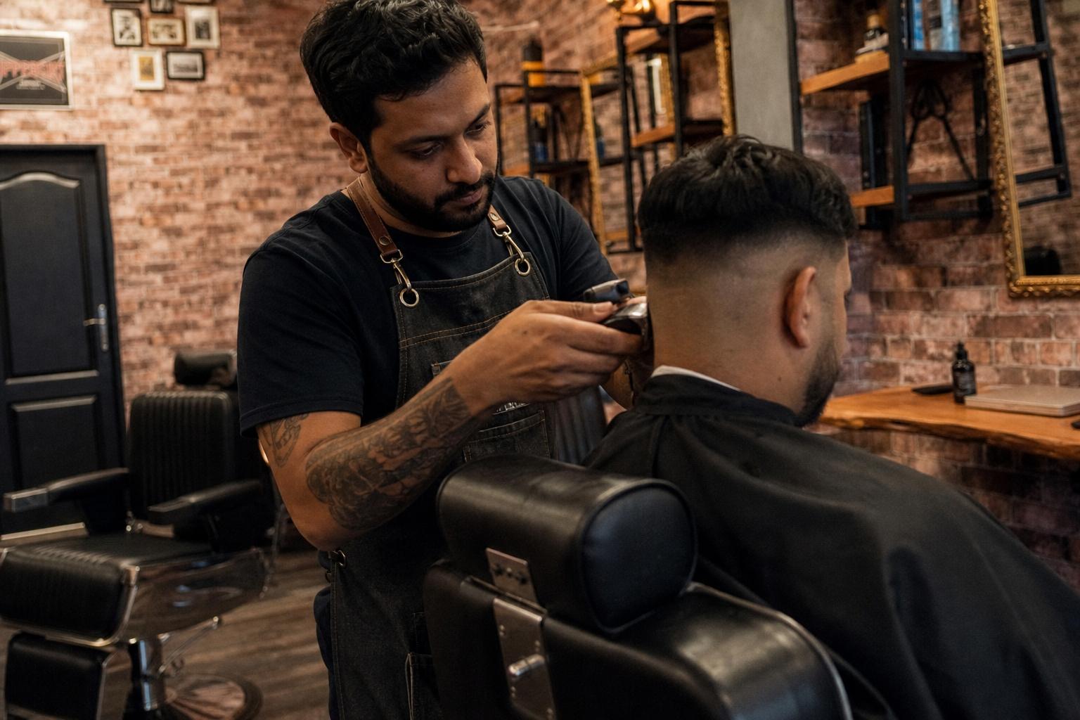 A barber gives a fade haircut in a modern, brick-walled barbershop.