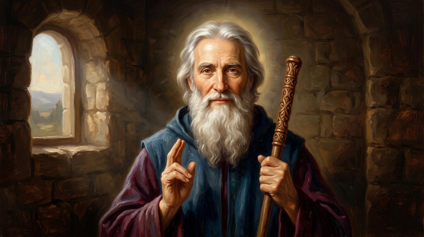 Start frame for Venerable Saint with Wooden Staff — Kling V3 Pro