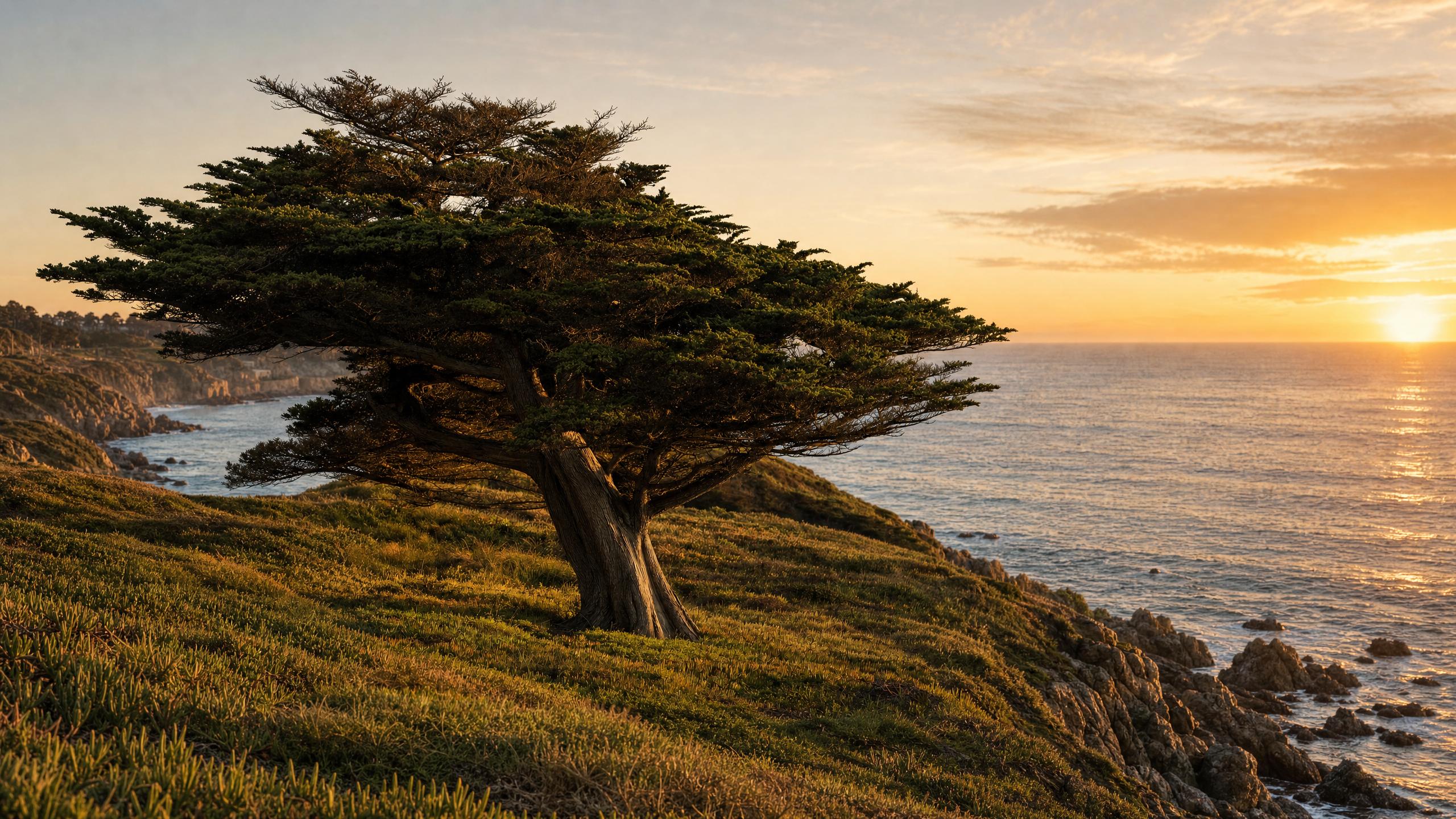 A windswept cypress tree on a grassy coastal bluff above the ocean at sunset