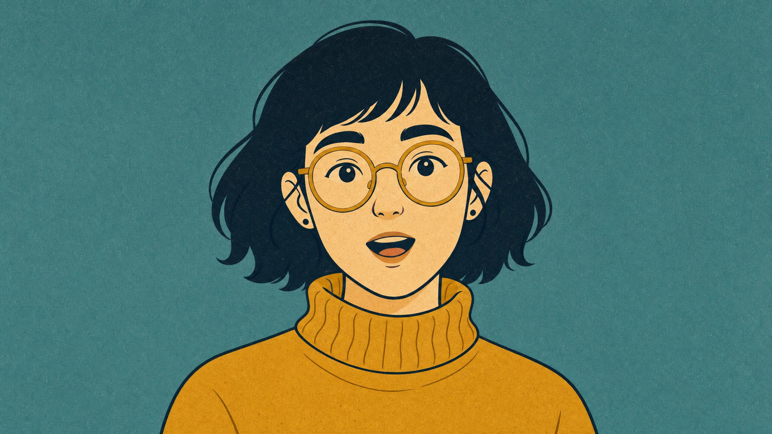 Widescreen illustration of a woman in round glasses and a mustard turtleneck talking on a teal background
