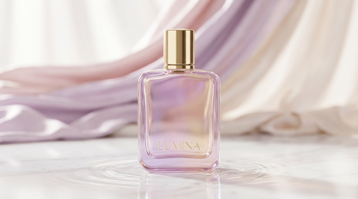 Lilac perfume bottle with a gold cap standing on rippling water in front of flowing pastel fabric