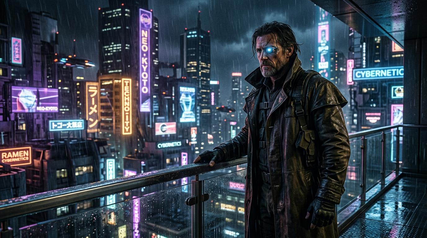 Start frame for Cyberpunk Explorer on Balcony — Seedance 1.5 Pro