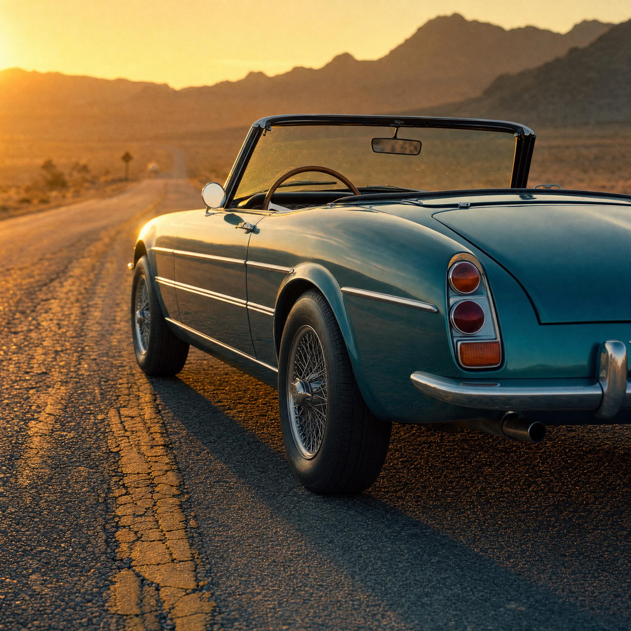 Square close crop of a teal vintage convertible on a desert road at sunset