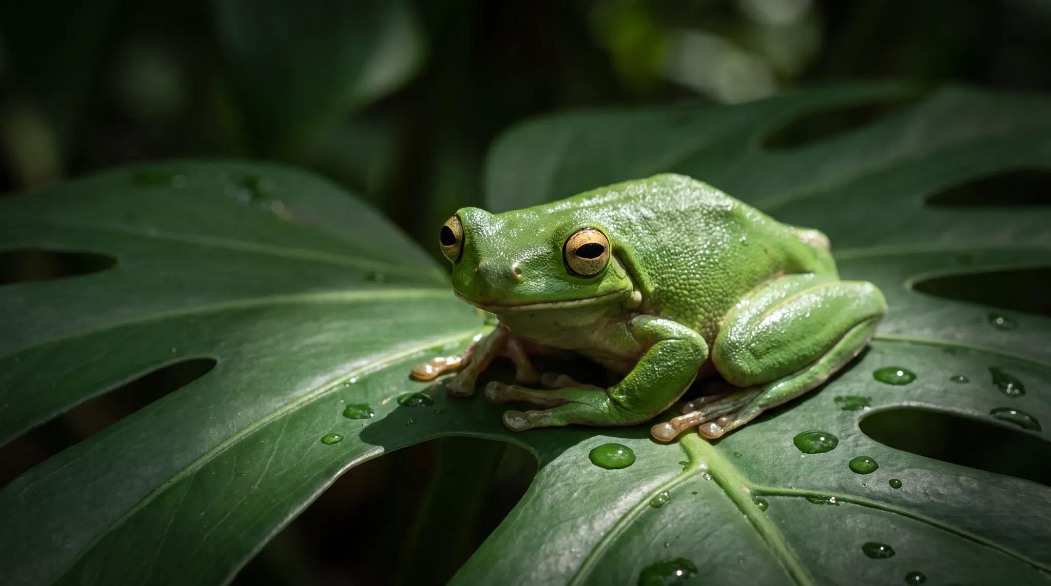 An emerald tree frog clings to a monstera leaf in crisp macro detail.