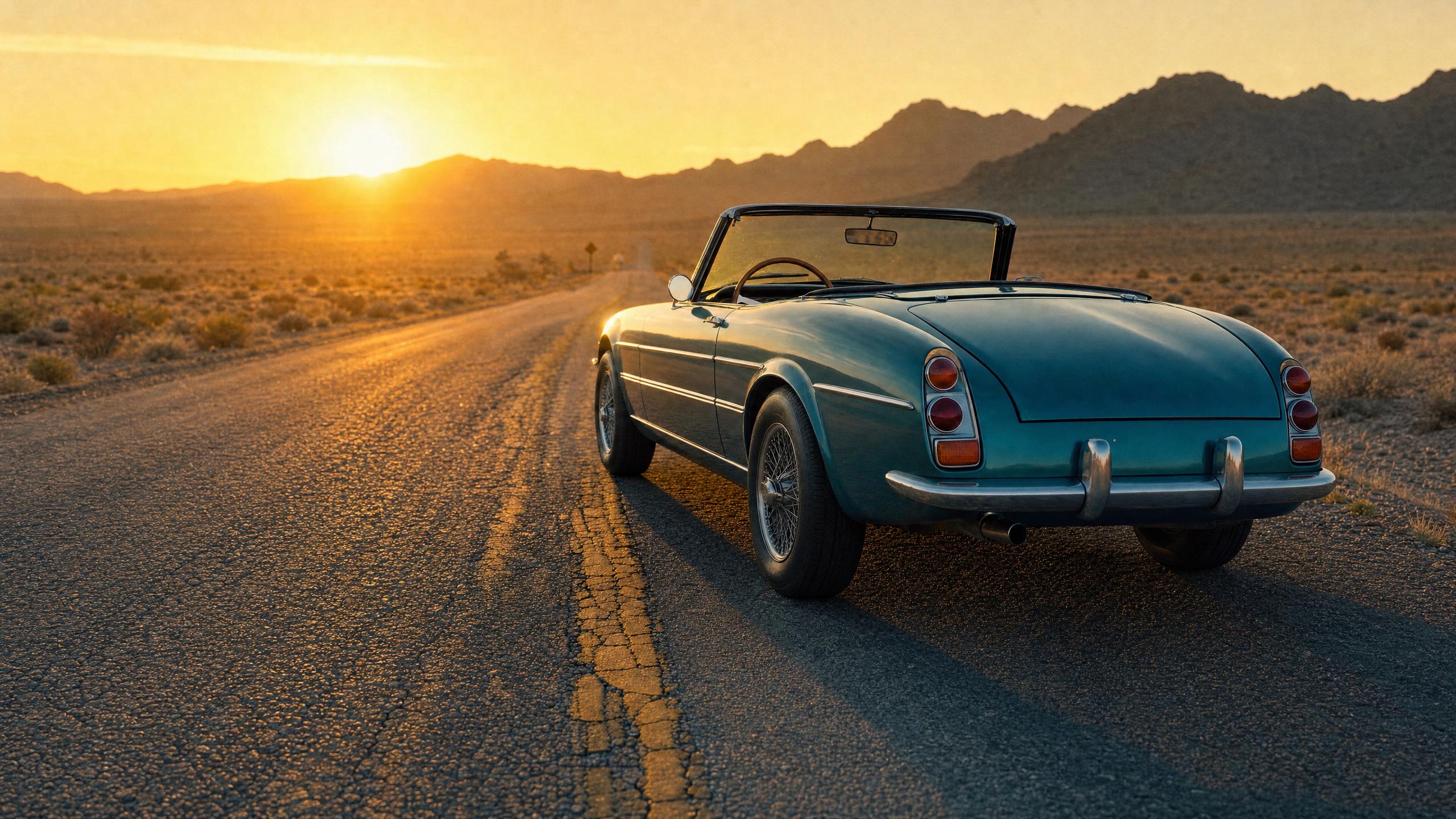 Widescreen frame of a teal vintage convertible on a desert highway at sunset with mountains on the horizon