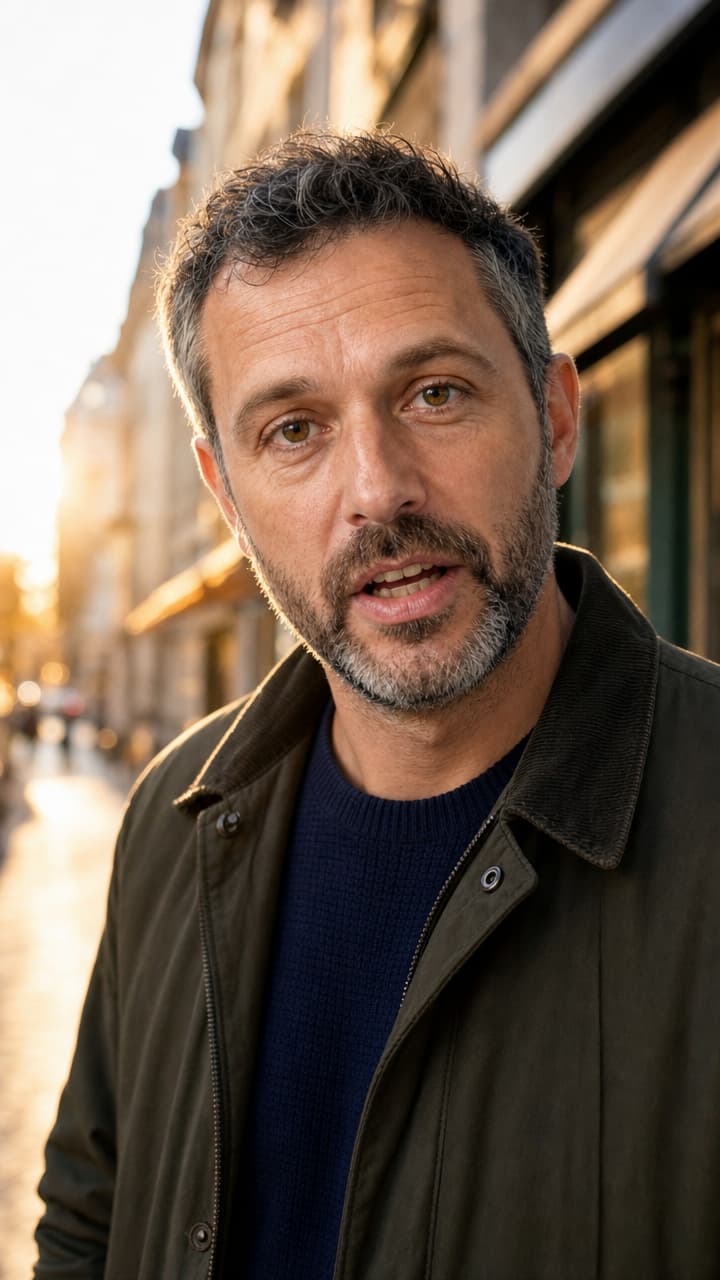 The same man outdoors on a city street at golden hour, mid-sentence to camera