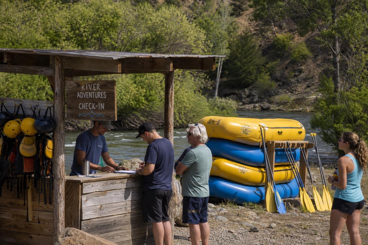 Customers sign up at a riverside whitewater-rafting check-in booth, rafts behind.