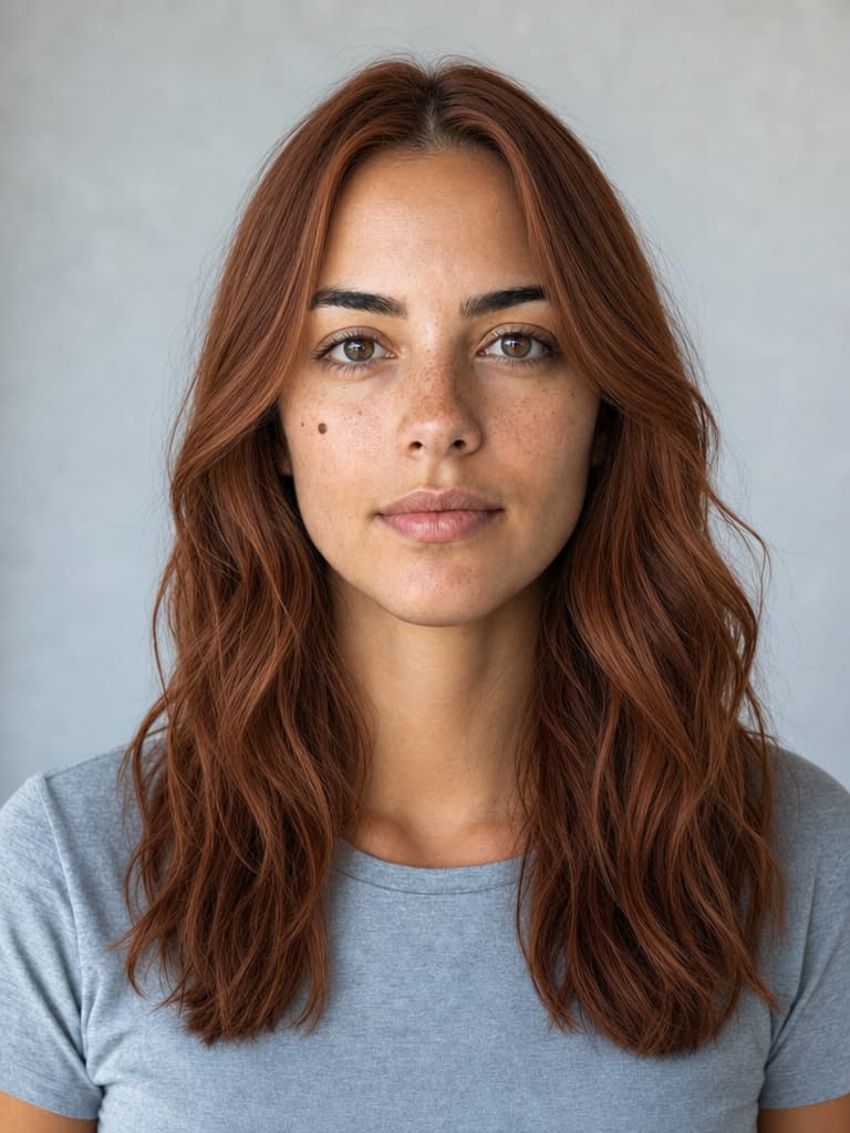 A woman with long wavy auburn hair, in a gray T-shirt against a plain wall