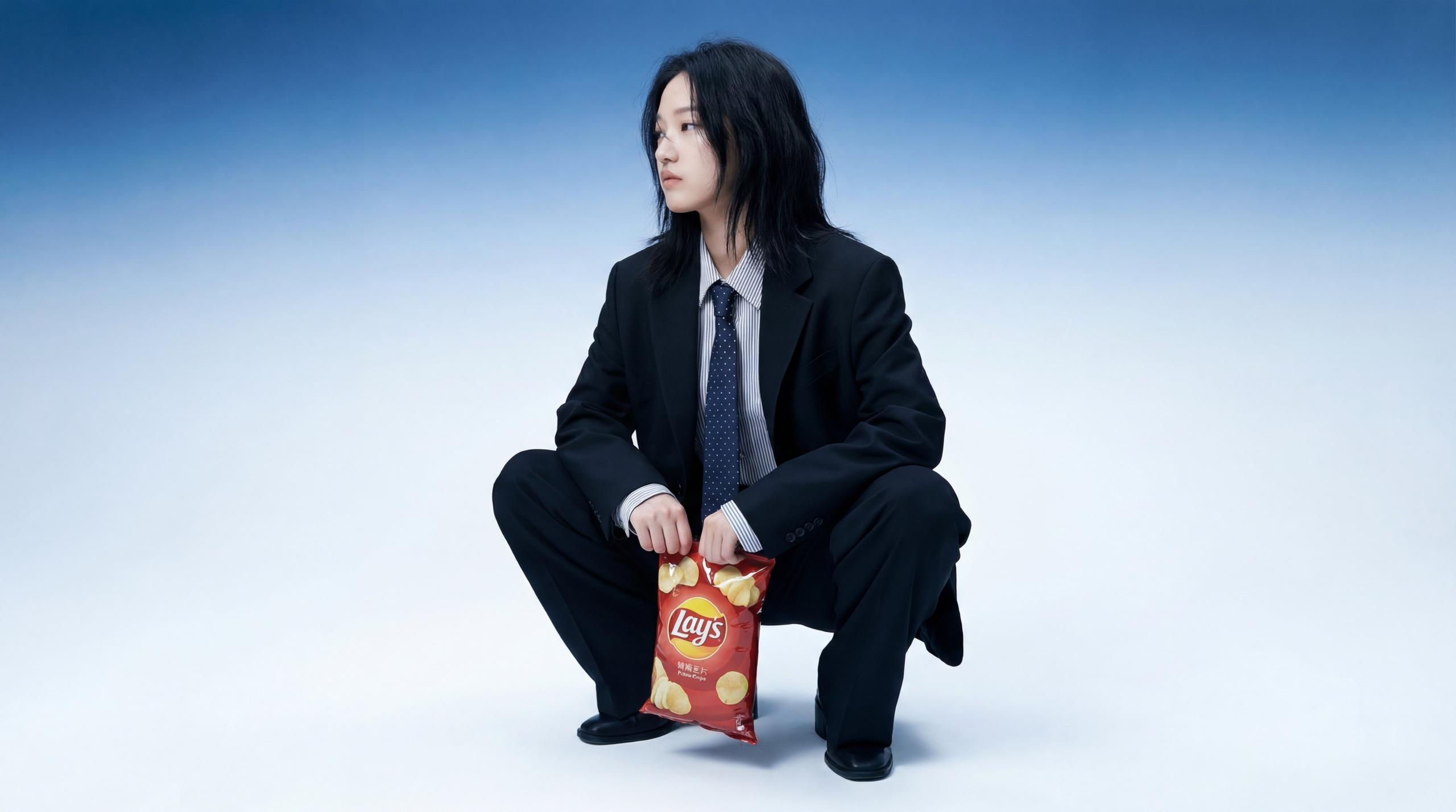 Person in a black suit and polka-dot tie crouches against a blue gradient backdrop holding a red Lay's potato chip bag