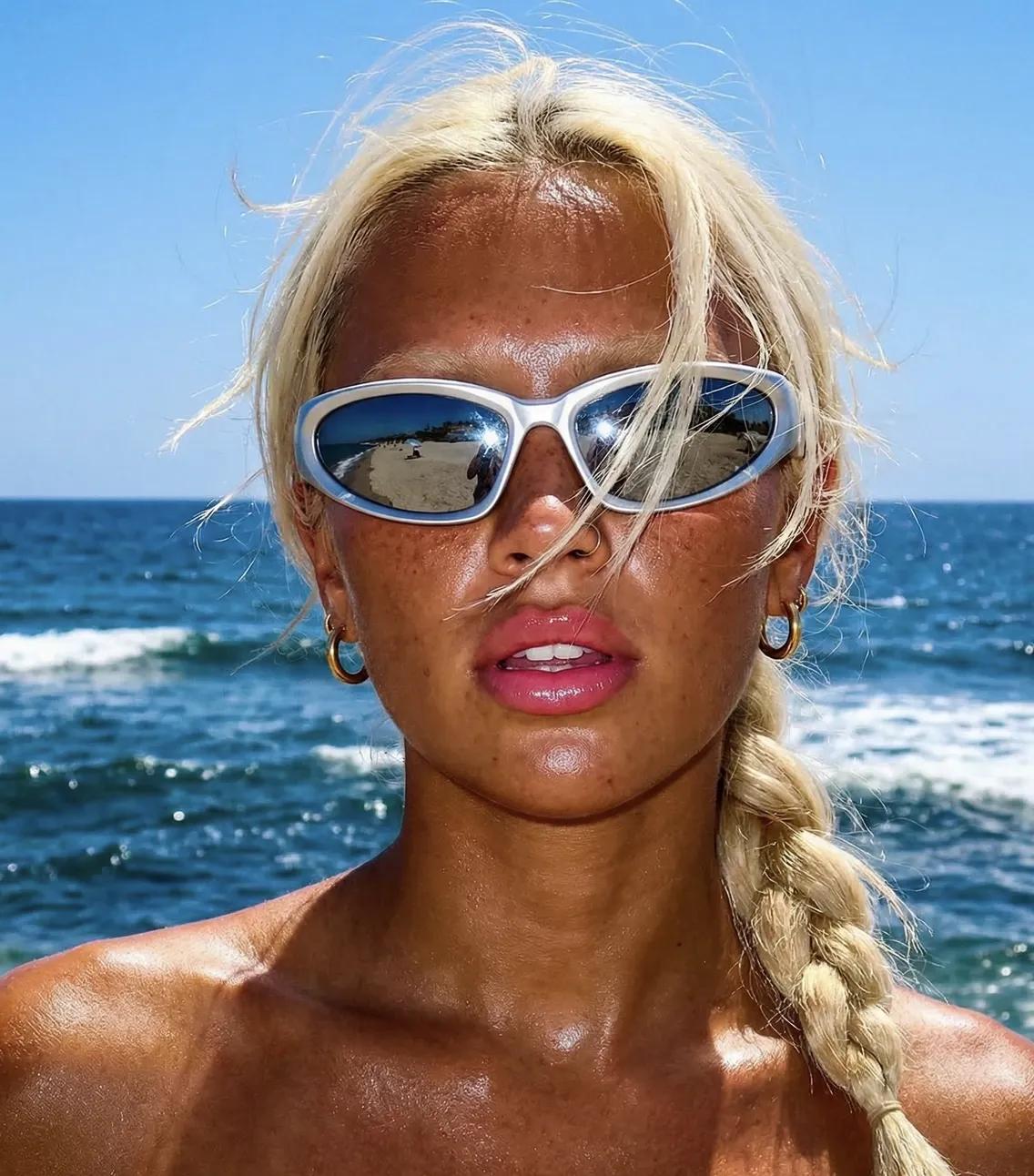 Close-up of a tanned blonde woman with a braid and silver sunglasses in front of the ocean