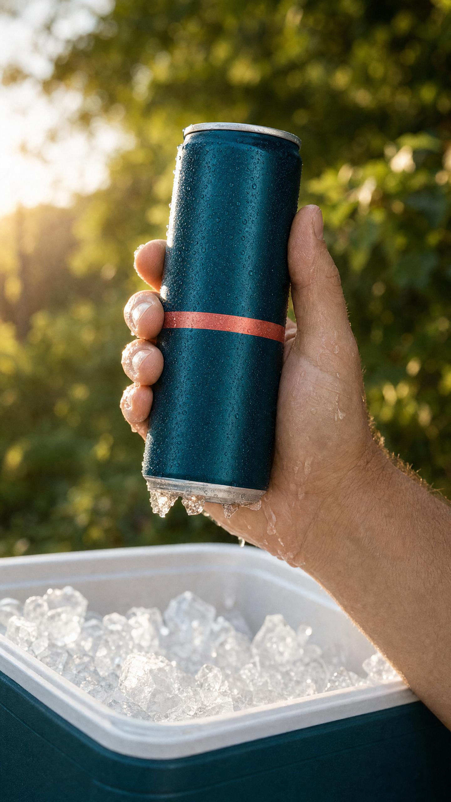 A hand lifting a wet teal drink can out of an ice-filled cooler outdoors in sunlight