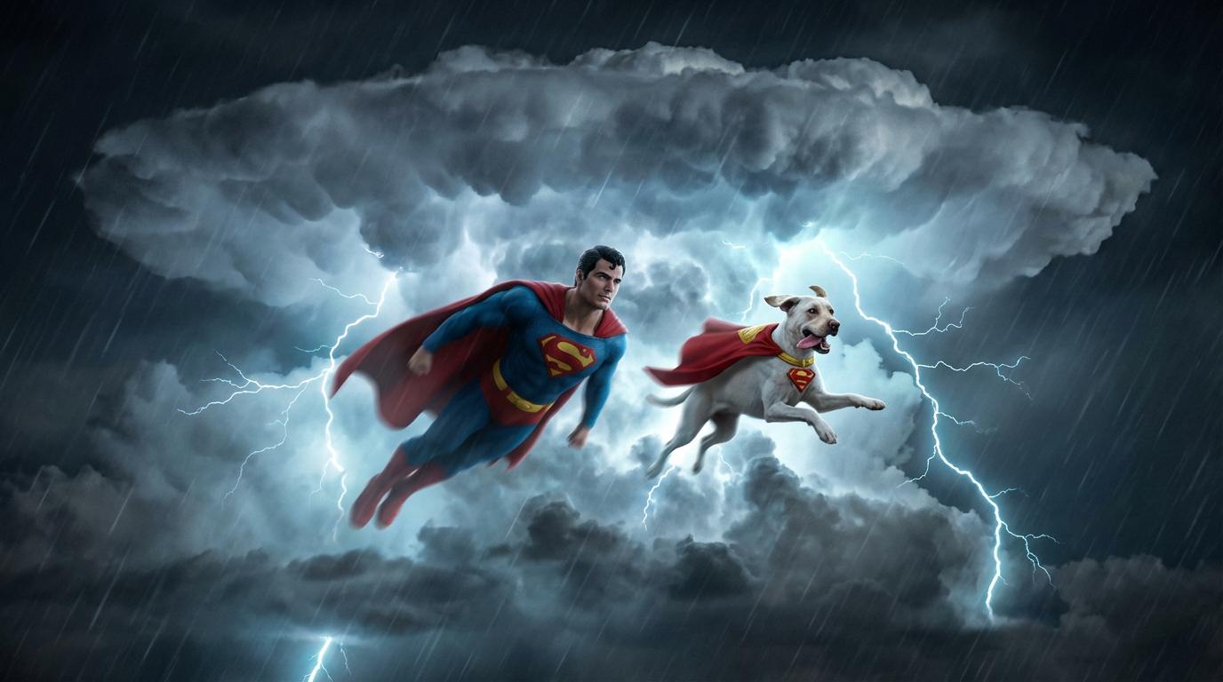 Start frame for Superman and Krypto Flying Through Storm — Kling 2.1 Master