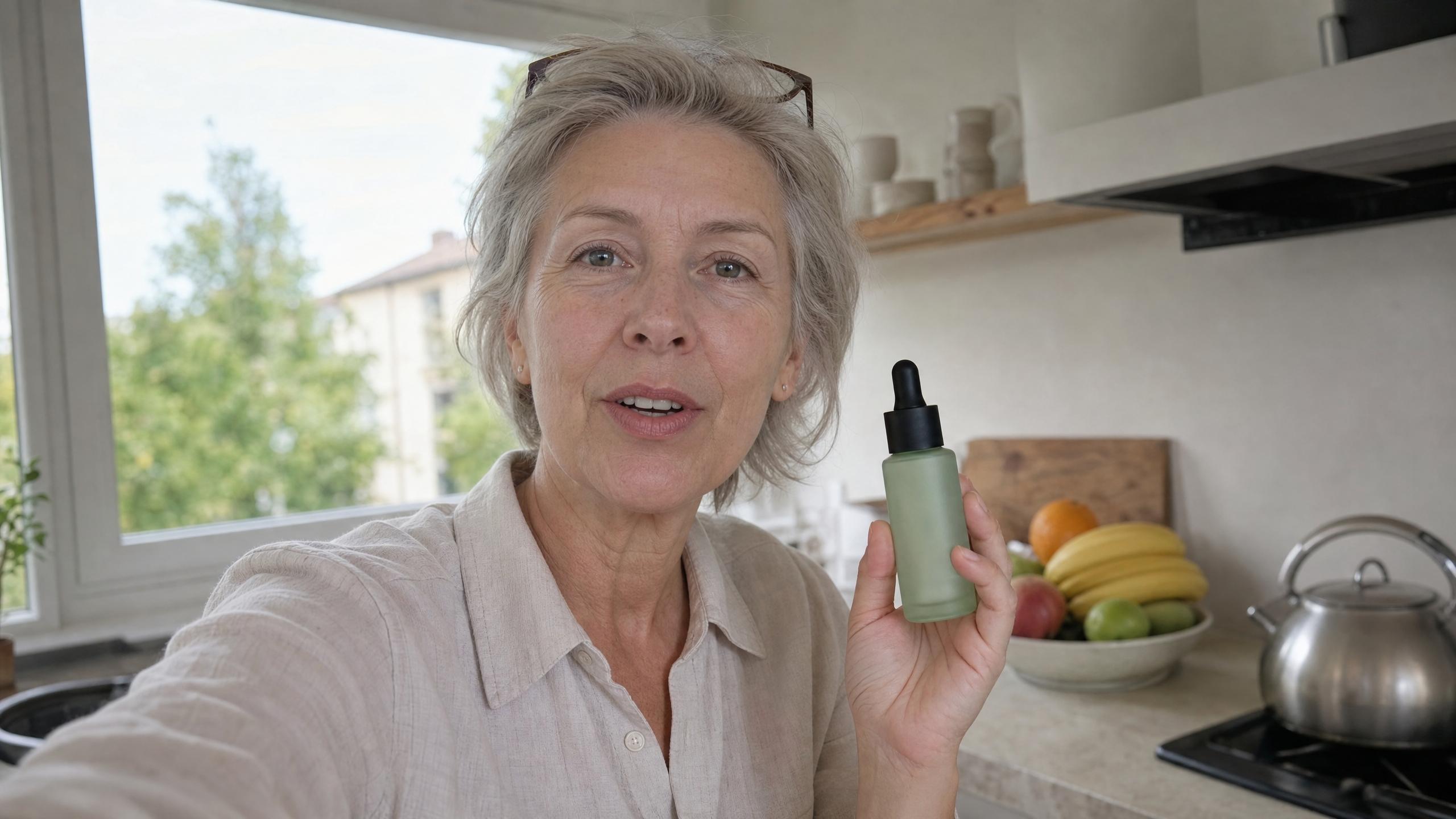 A gray-haired woman filming a selfie video in her kitchen while holding up a green dropper bottle