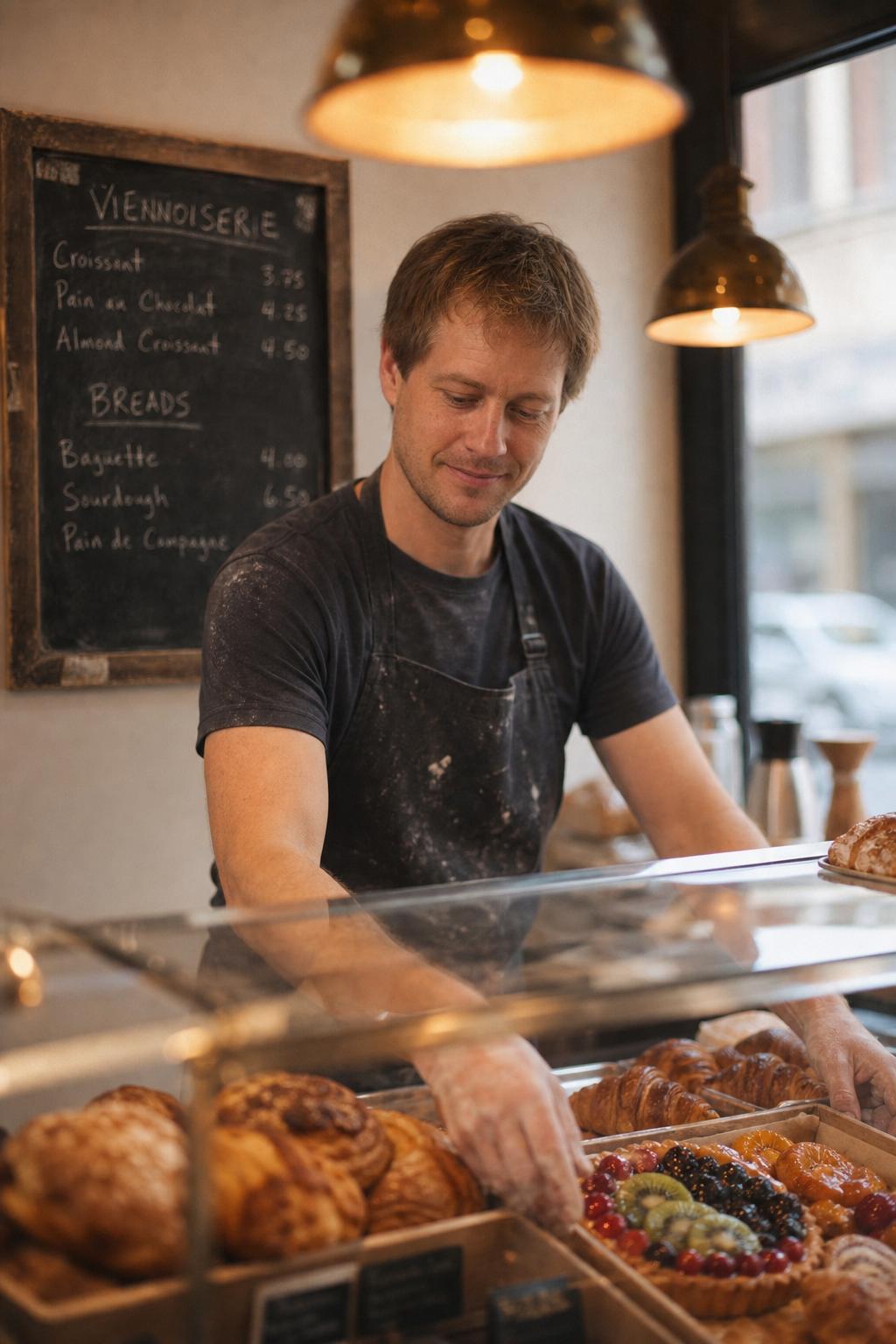 A bakery owner arranges pastries behind a glass case, a chalk menu board behind.