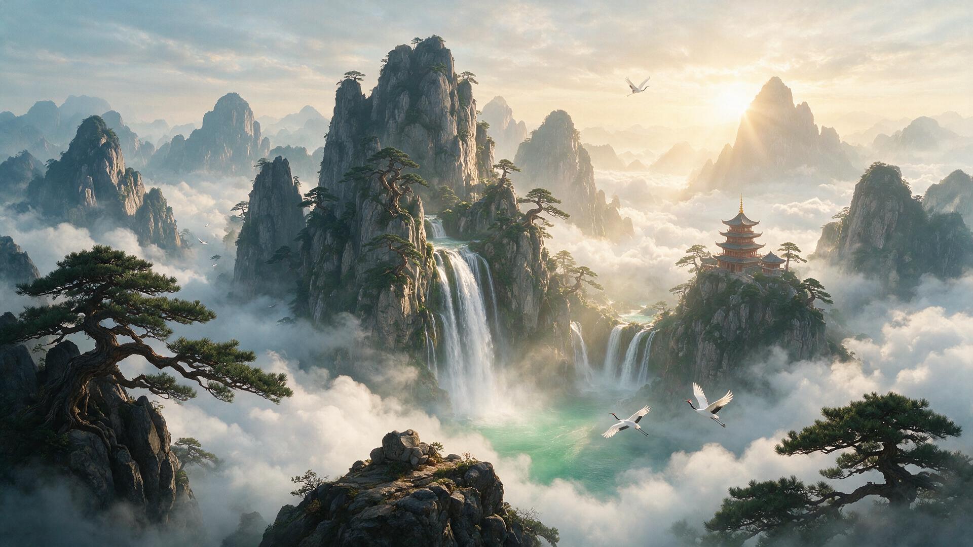 Mist drifts through a mountain landscape at dawn.