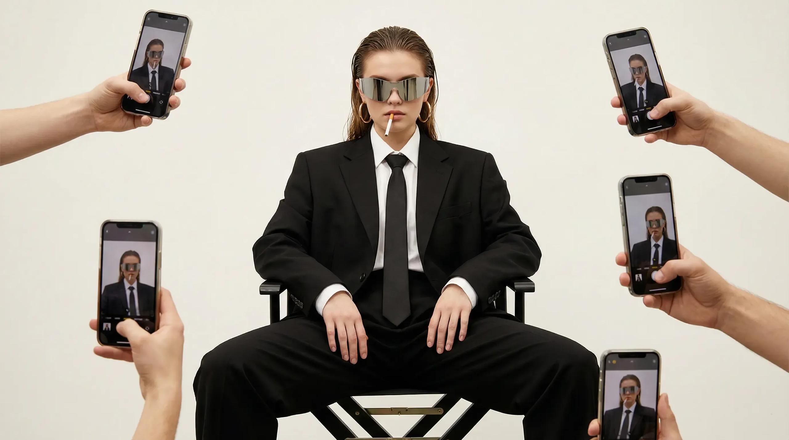 Person in a black suit and mirrored sunglasses filmed by five hands holding phones showing the same portrait