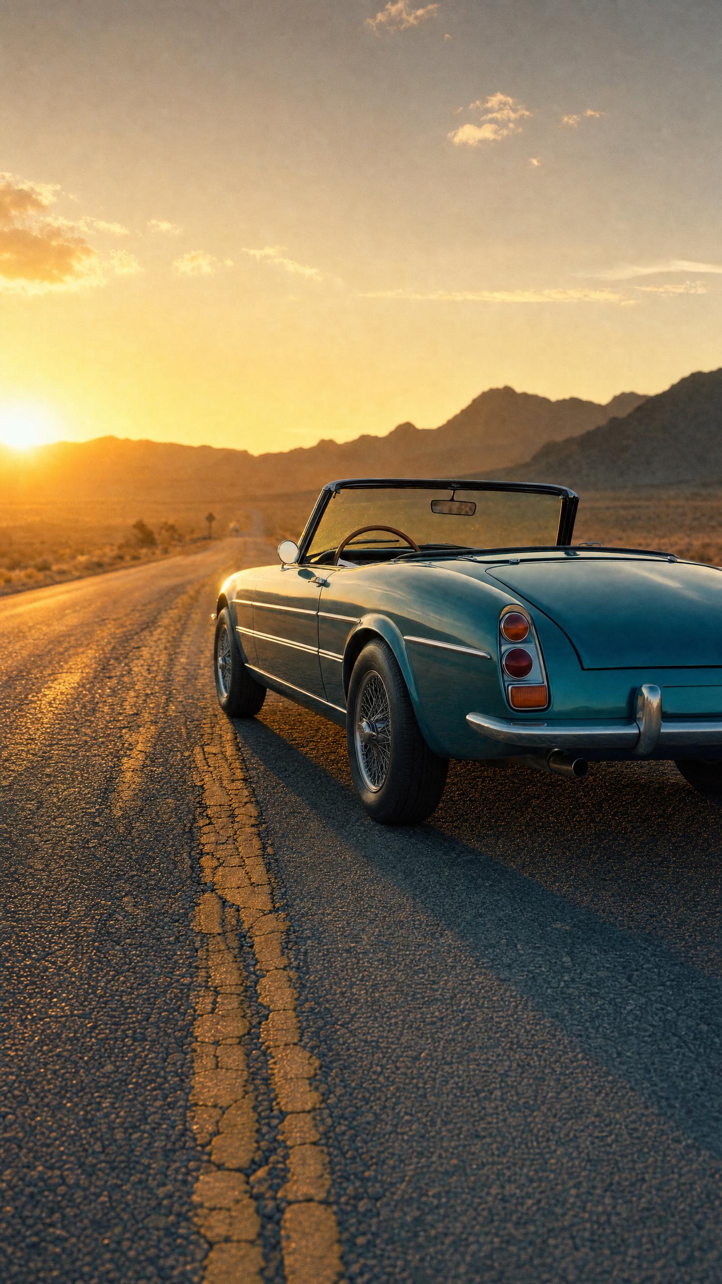 Vertical frame of a teal vintage convertible parked on a desert highway at sunset, extended to show more sky and road