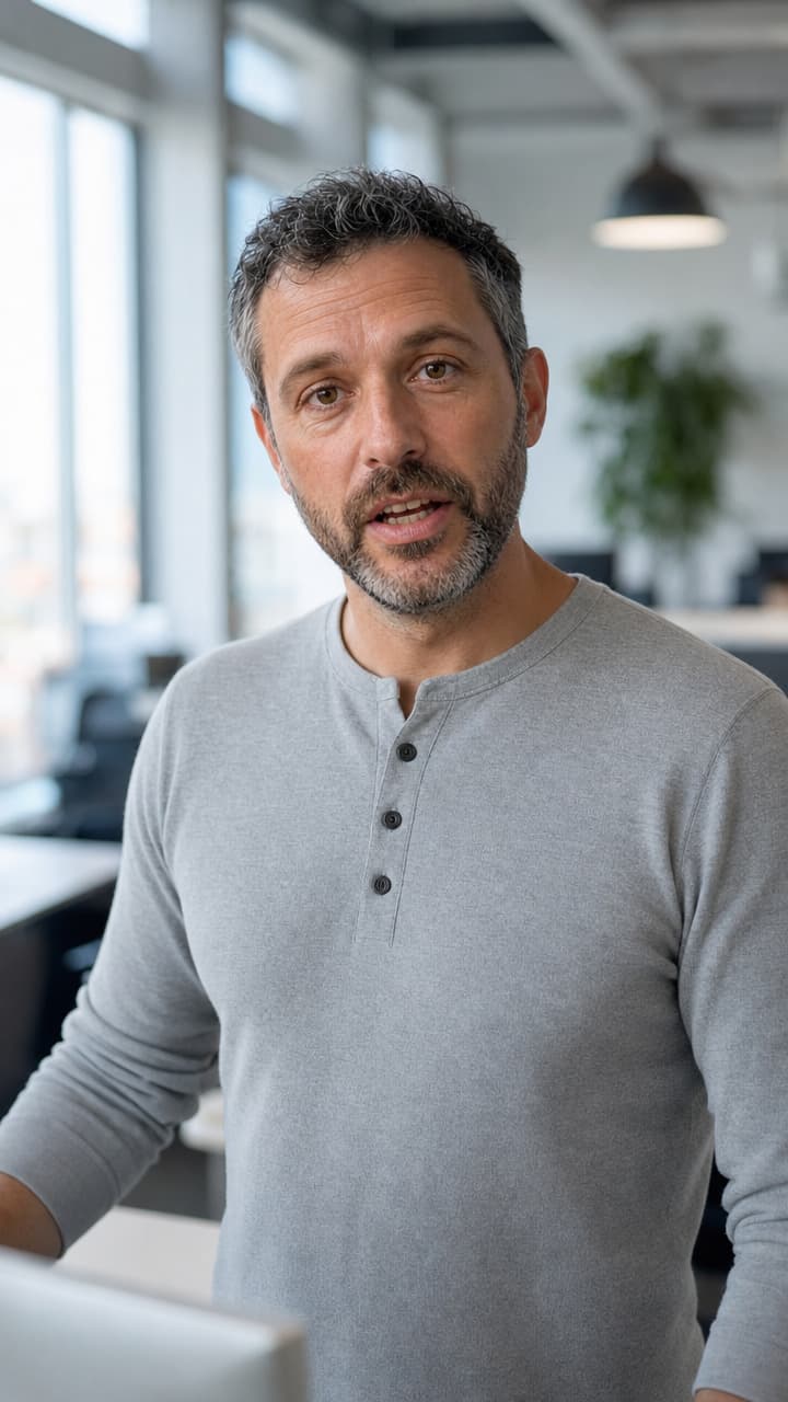 The same man at a standing desk in an open-plan office, mid-sentence to camera