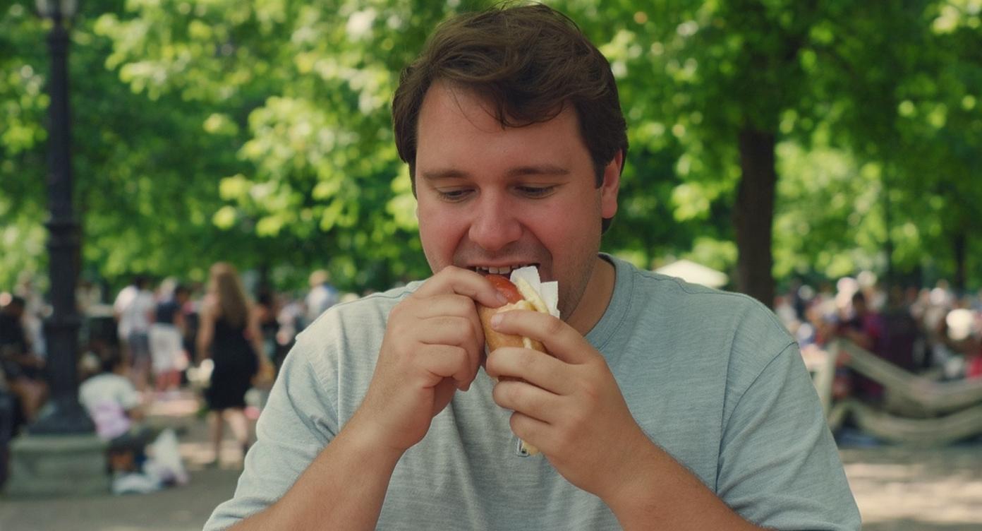 Start frame for Man Eating a Hot Dog in the Park — MiniMax Hailuo-02 Pro
