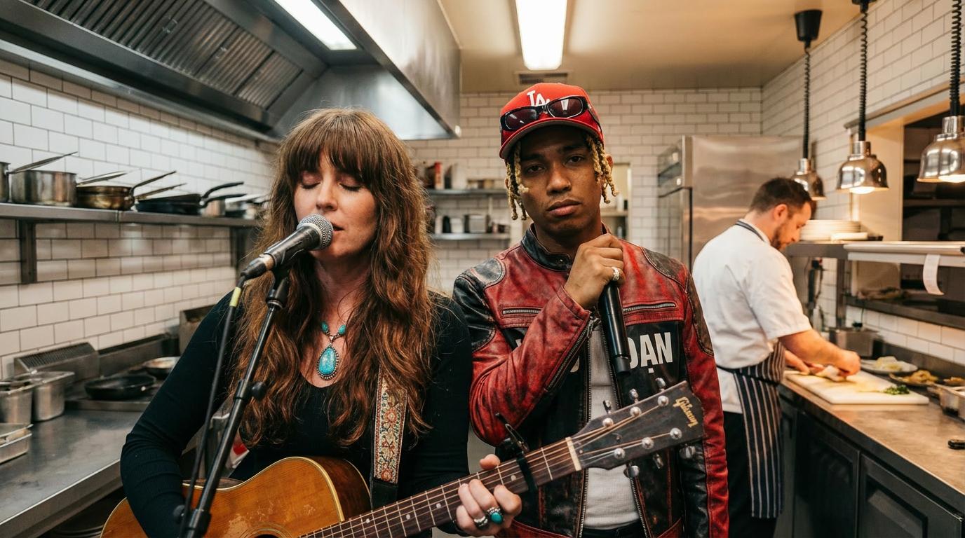 Start frame for Musicians Performing in a Kitchen — Veo 3.1 Fast
