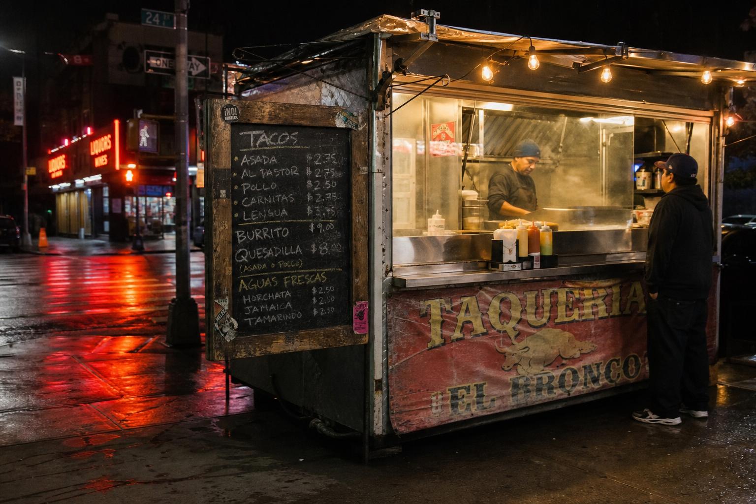 A lit taco cart at night with a side menu board and a cook at the open window.