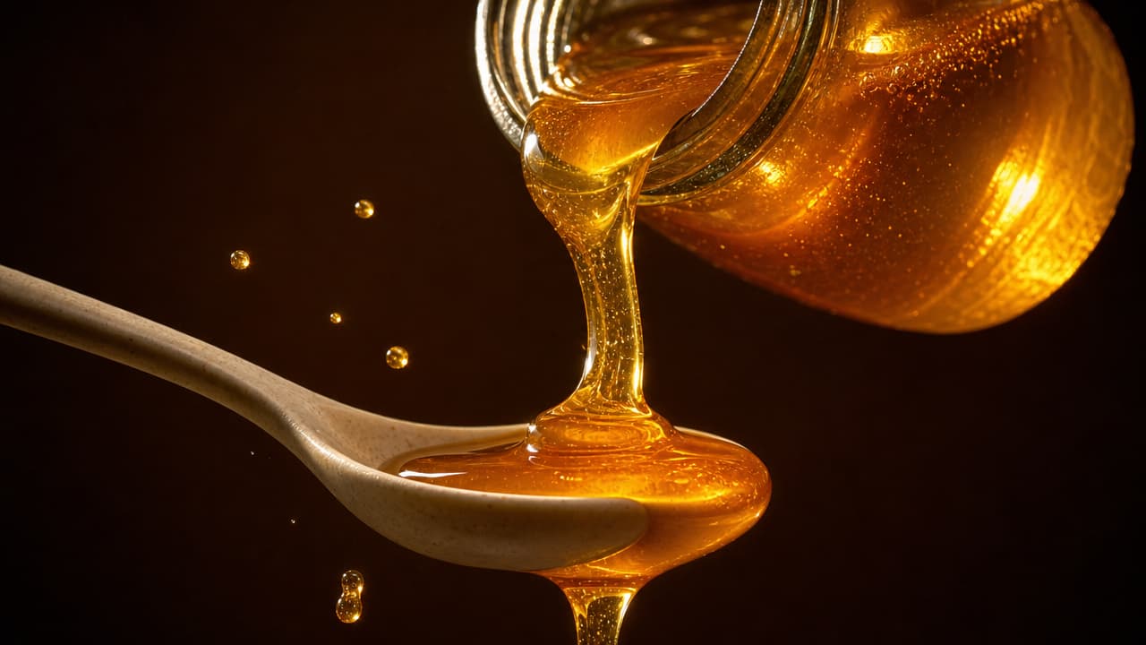 Amber honey frozen mid-pour from an unlabeled glass jar onto a ceramic spoon, backlit against deep brown