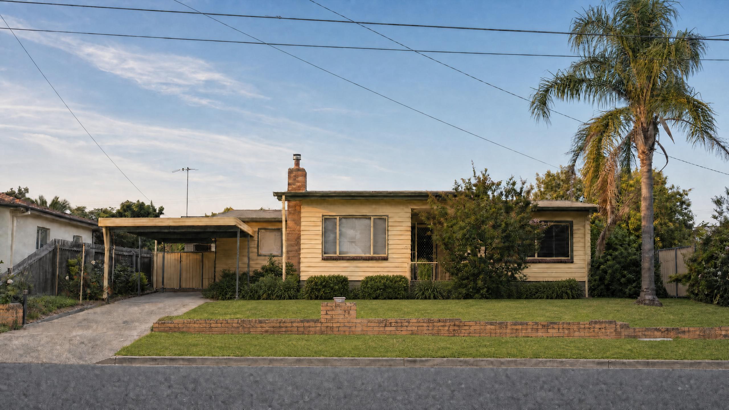 A yellow weatherboard house under a blue sky, edited with a fresh green lawn and trimmed front garden