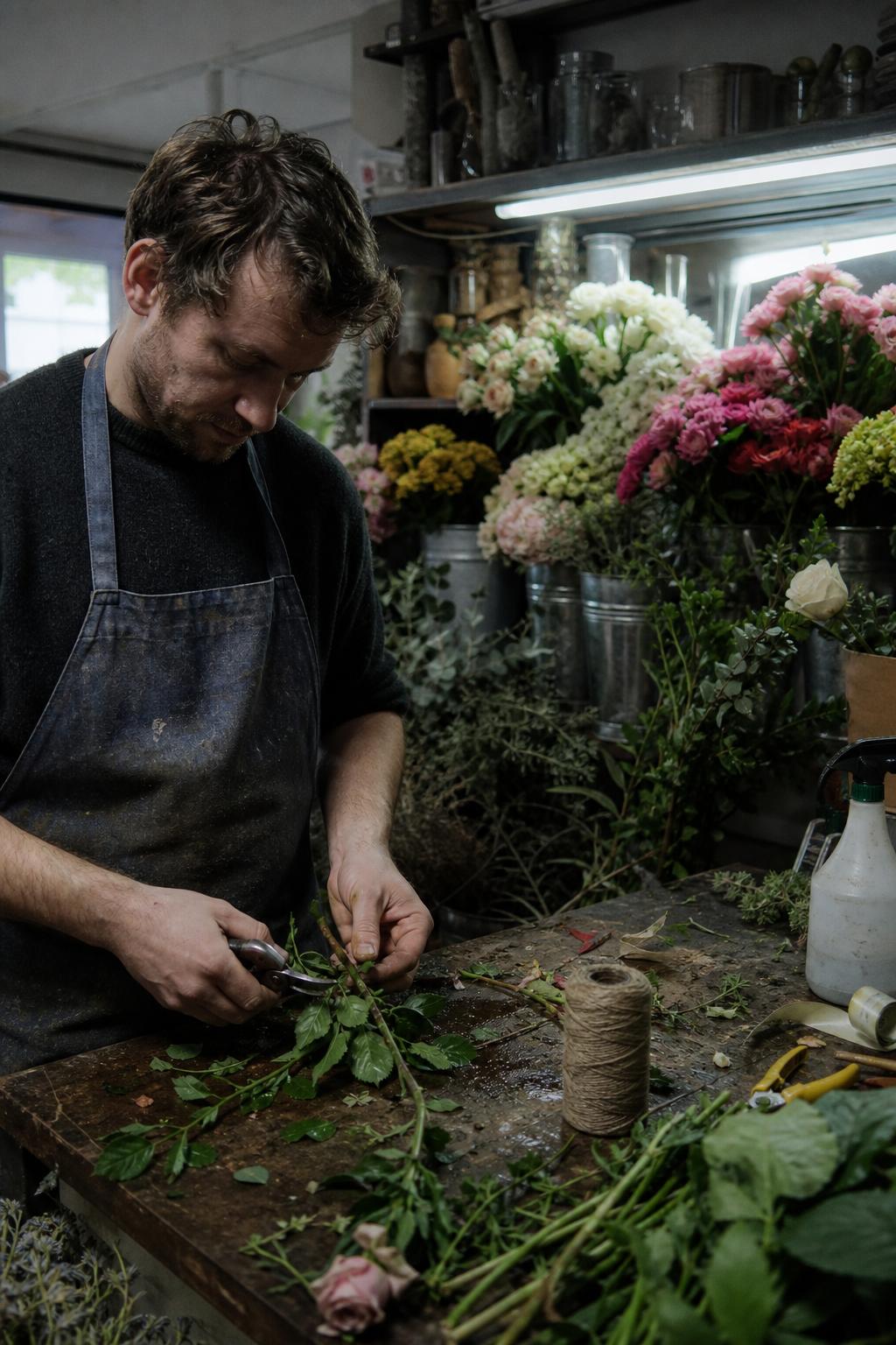 A florist trims flower stems at a cluttered workbench under shop fluorescent light.