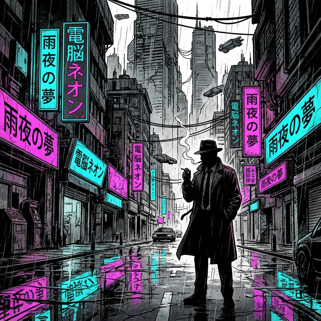 Comic-style silhouette of a man in trench coat and hat smoking on a rainy street lined with neon Japanese signs