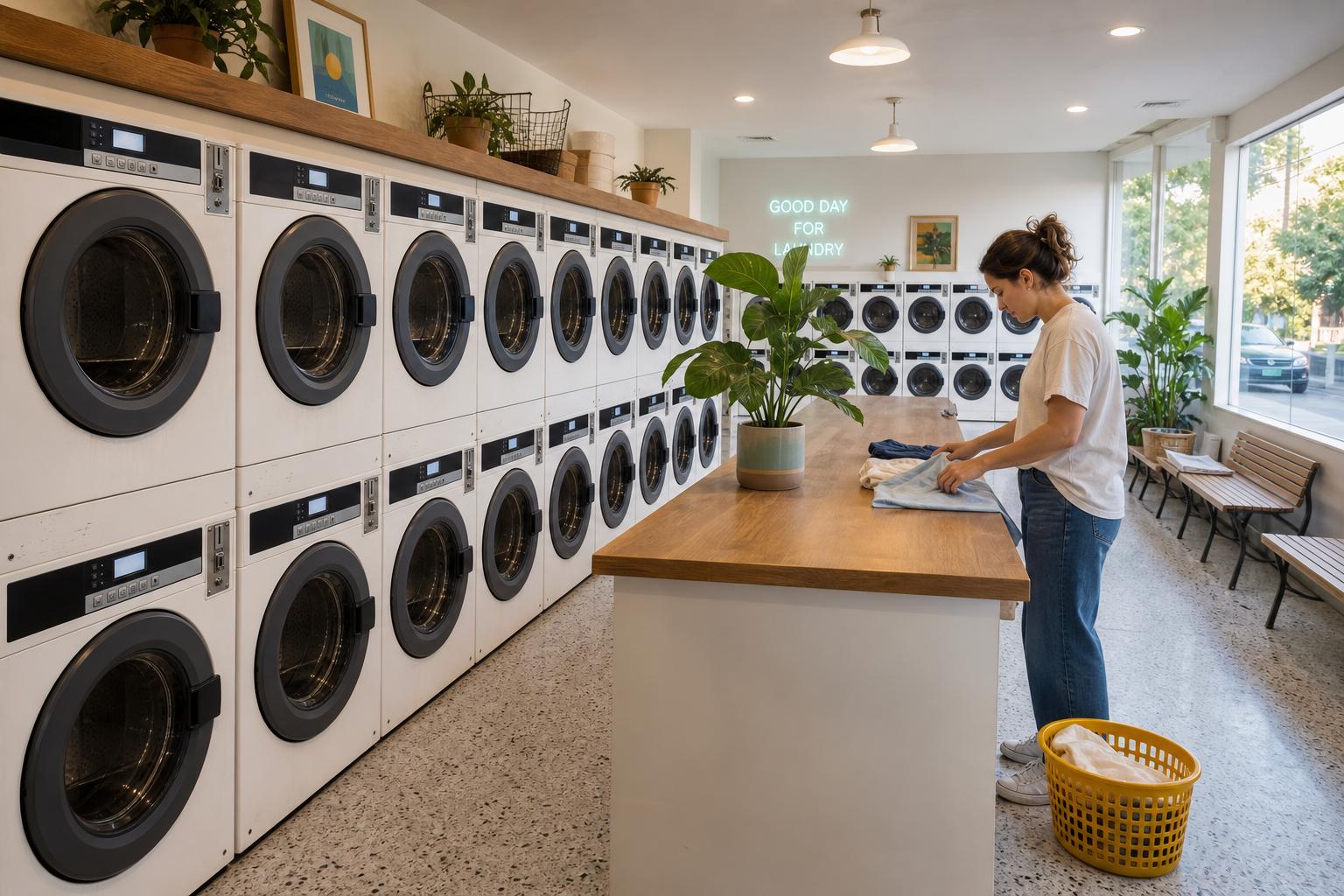 A bright modern laundromat with rows of identical, matching machines.