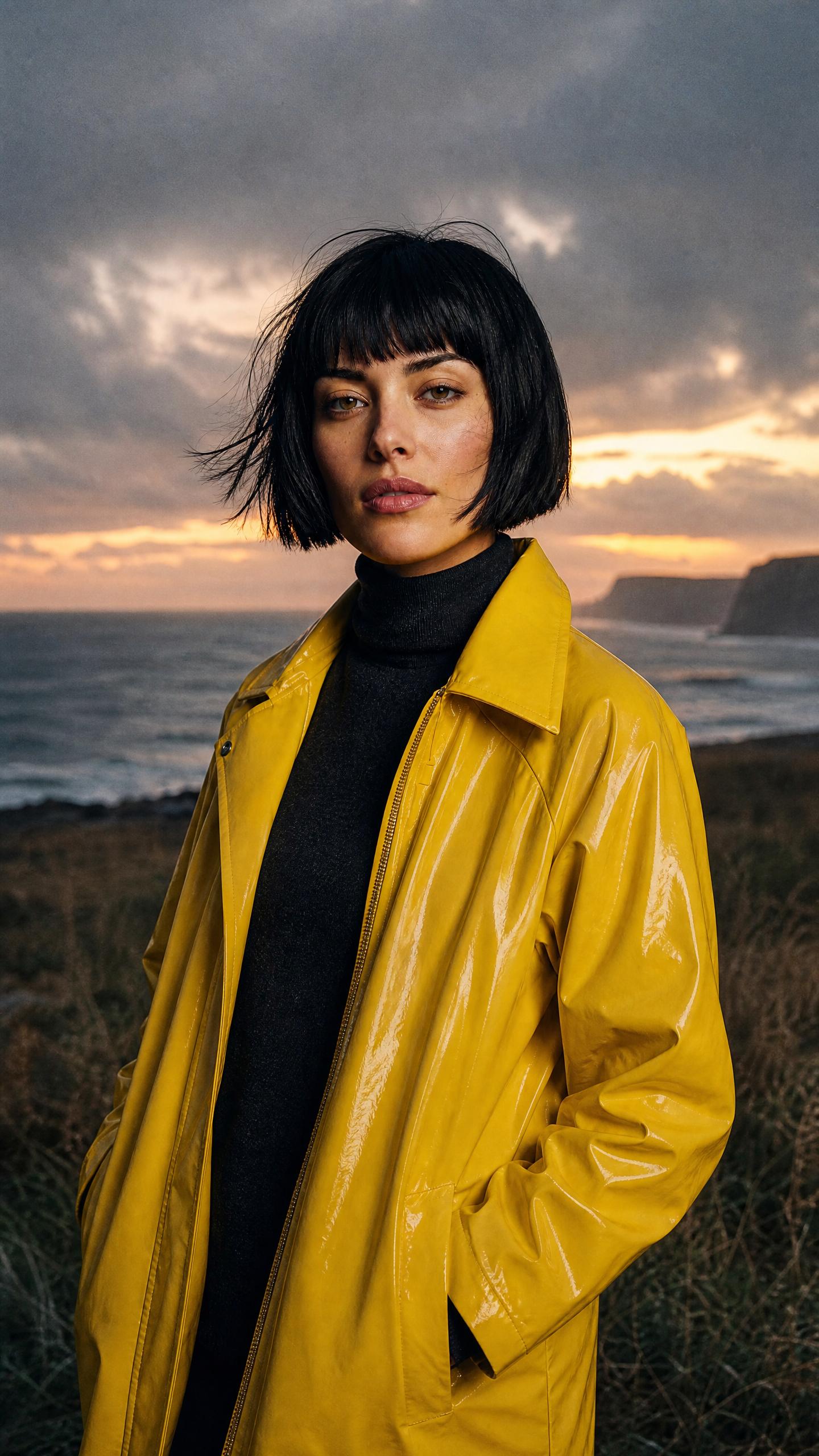 The same woman on a windswept coastal headland at dusk, hair lifted by the wind