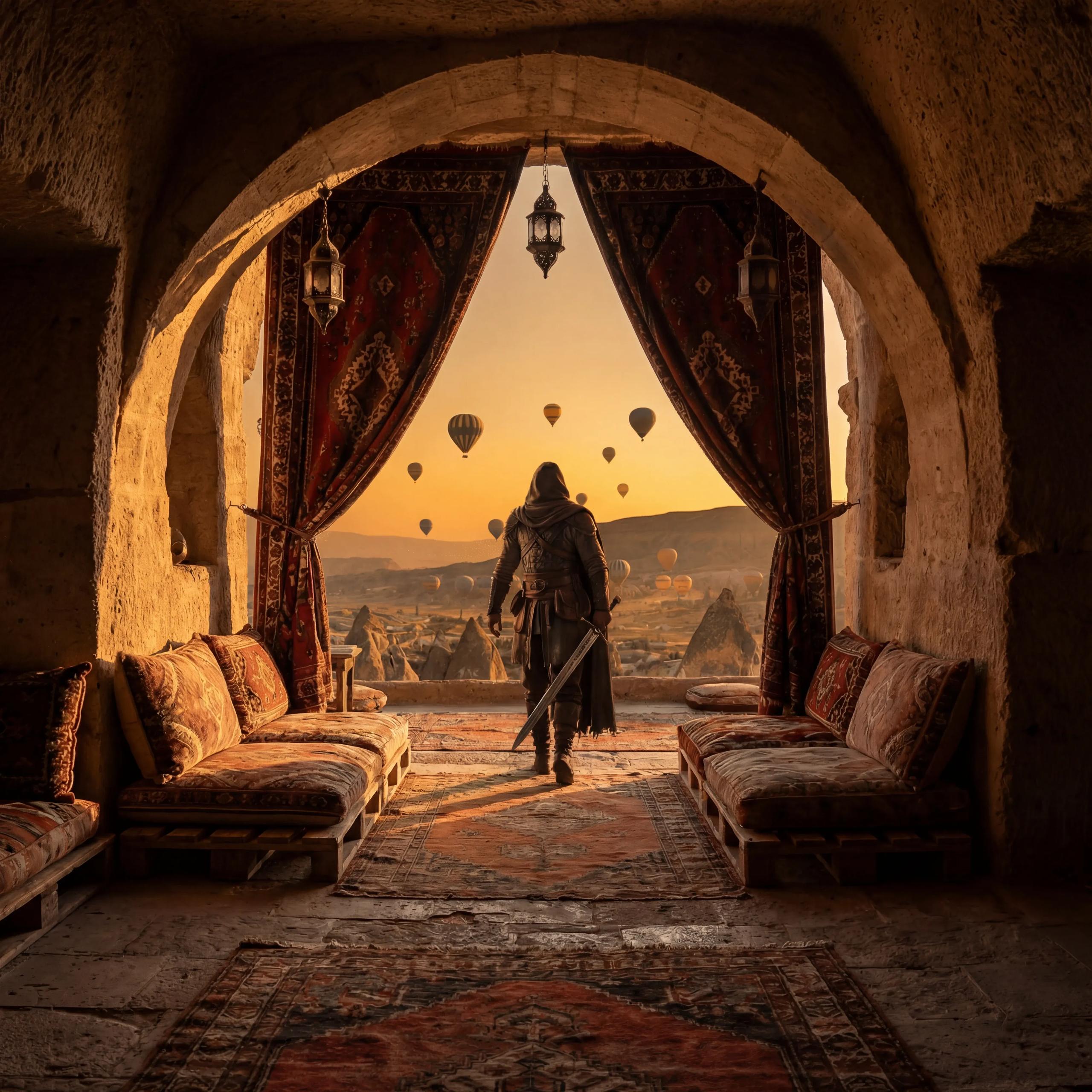 End frame for Hooded Warrior in Stone Archway — Kling O3 Pro