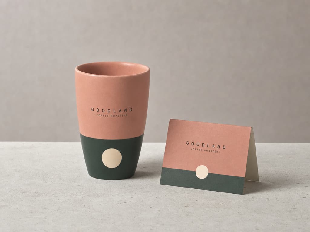 A pink and green Goodland Coffee Roasters cup and matching folded card on a stone surface