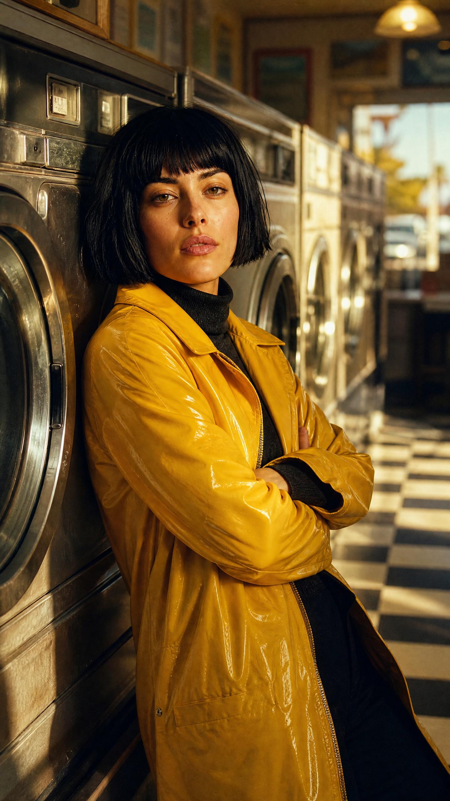 The same woman leaning against a row of washers in a sunlit retro laundromat, arms folded