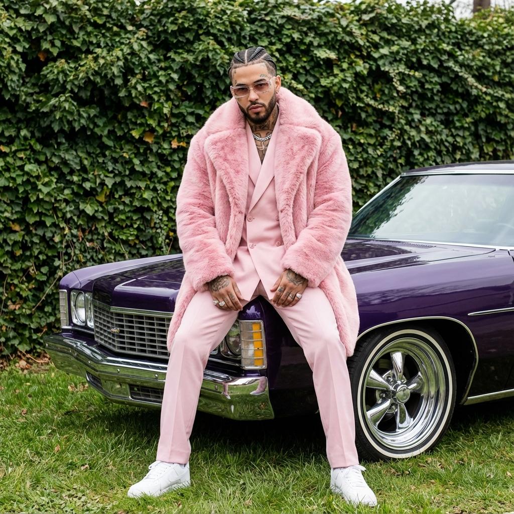 Reference 2 for Nano Banana: Man in Pink Coat by Purple Car