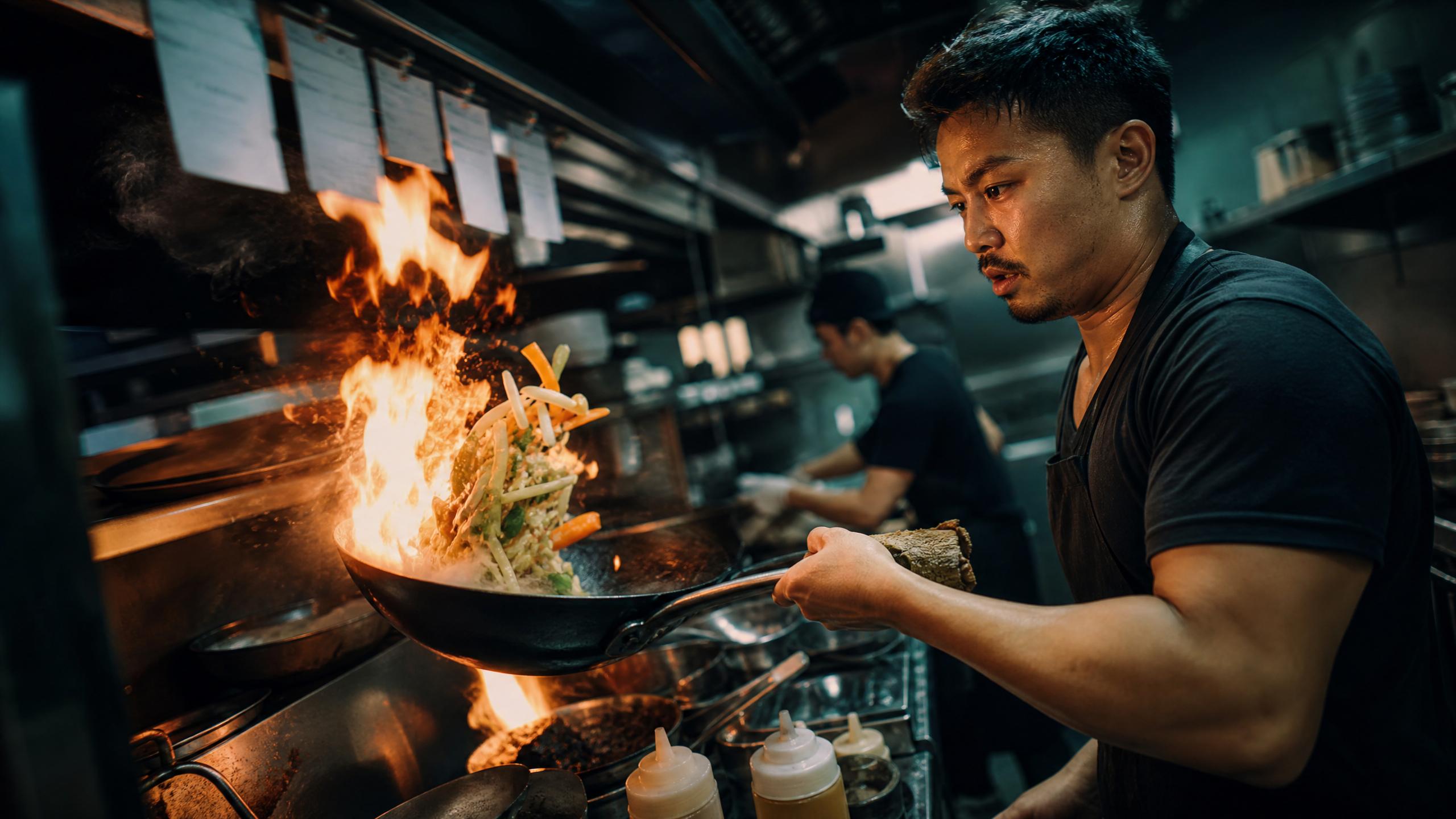 Line cook mid-toss in a cramped kitchen at rush hour, wok flame flaring, vegetables suspended above the pan