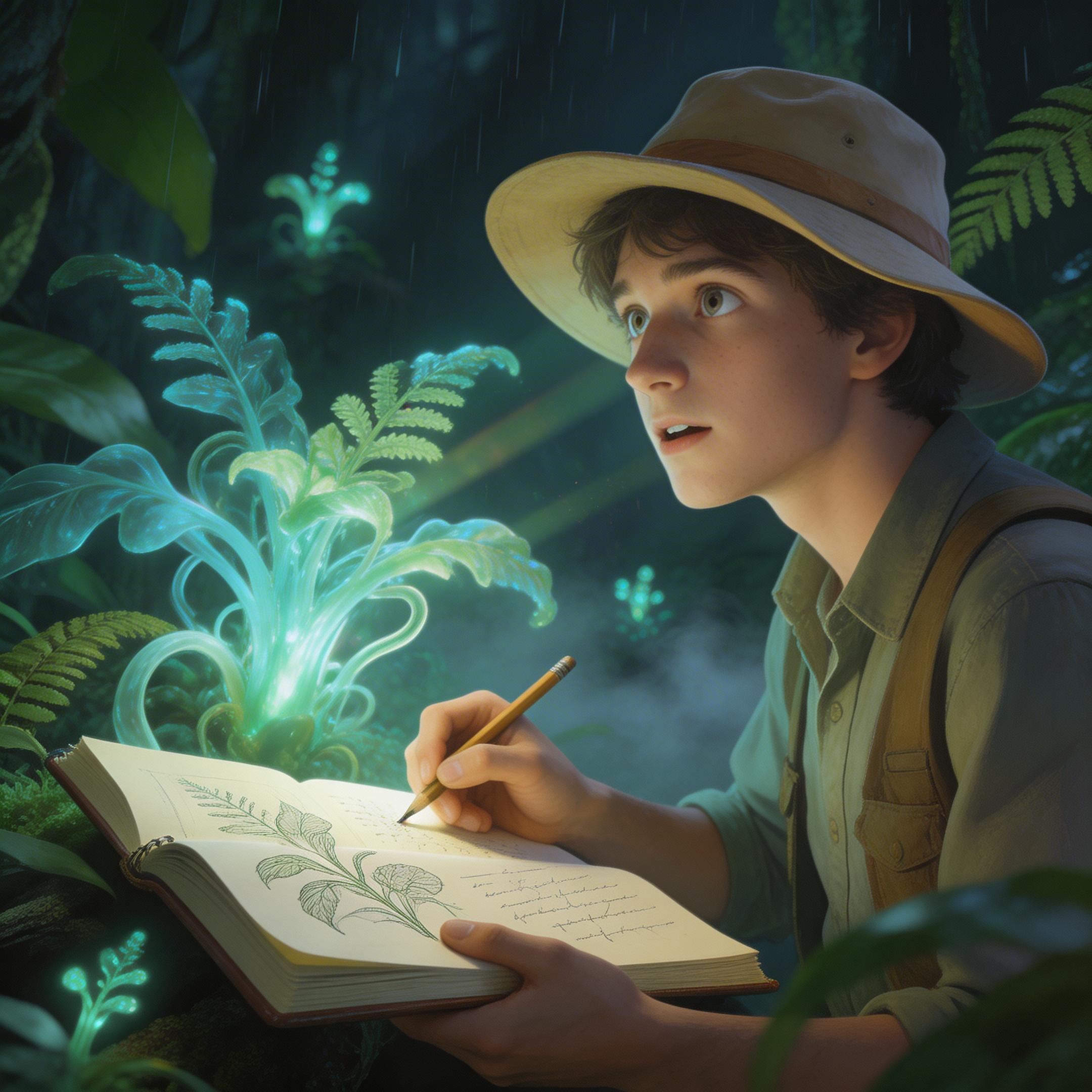 Start frame for Explorer Sketching Glowing Plant — Seedance 1.5 Pro