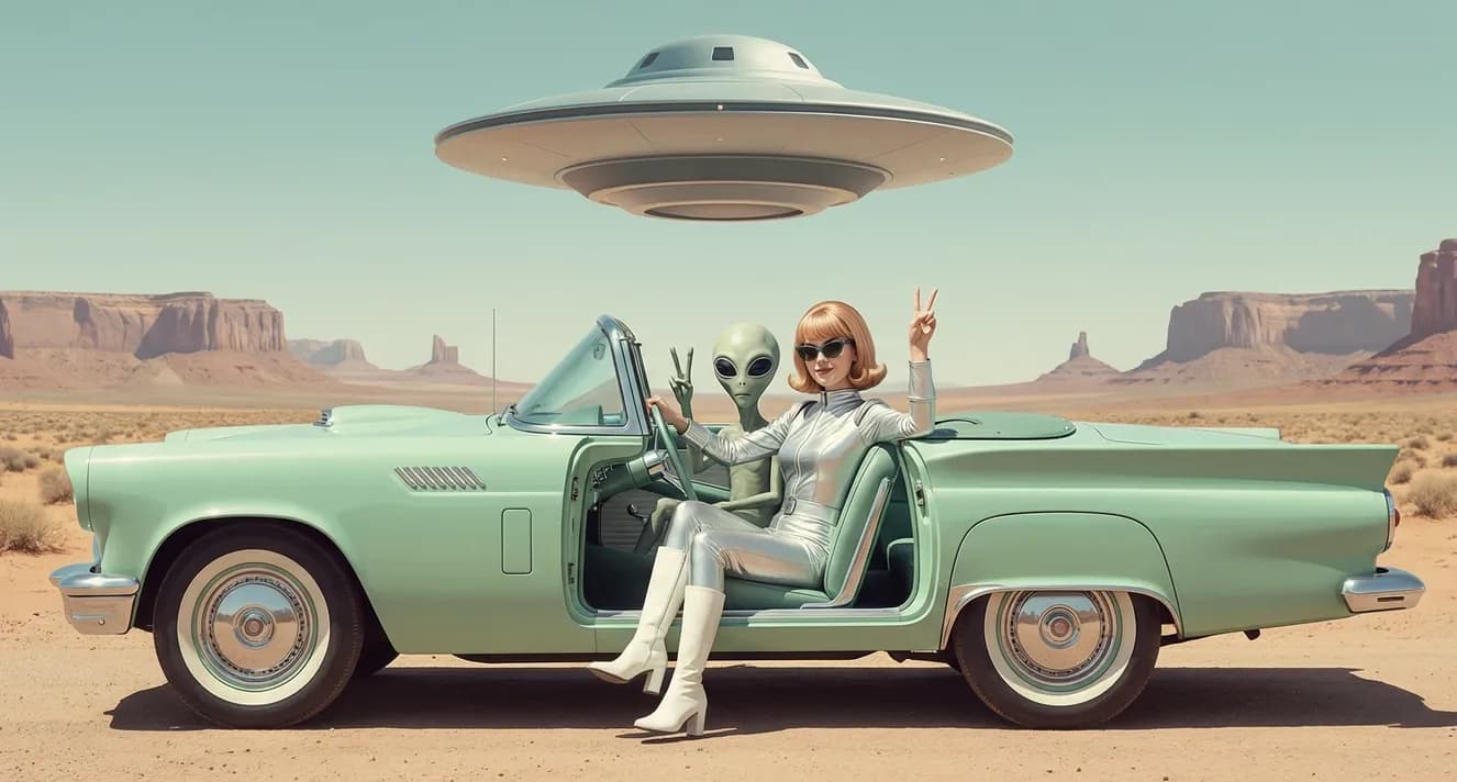 Green alien and a smiling woman flashing a peace sign in a mint-green convertible under a hovering UFO in the desert