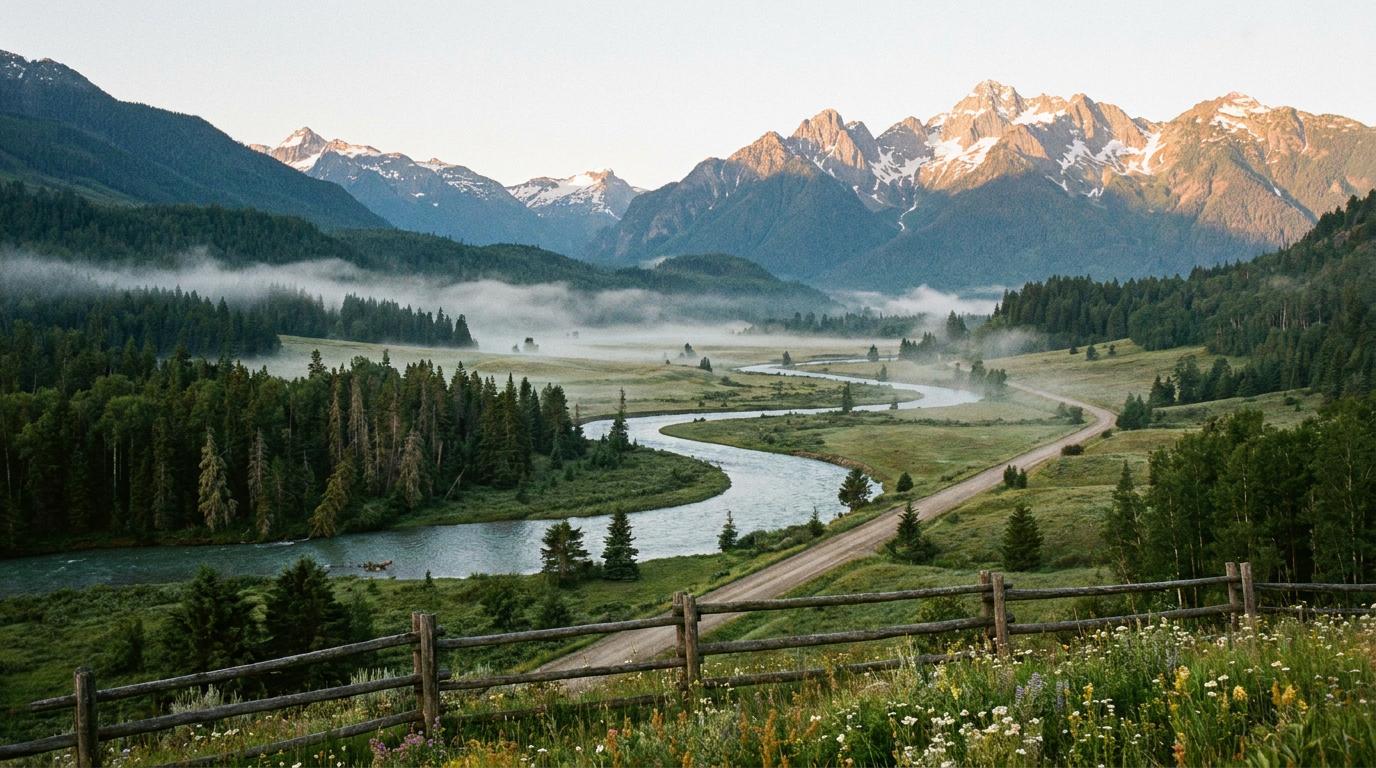 Winding river and dirt road through a green valley with a wooden fence, wildflowers, mist, and snow-capped peaks
