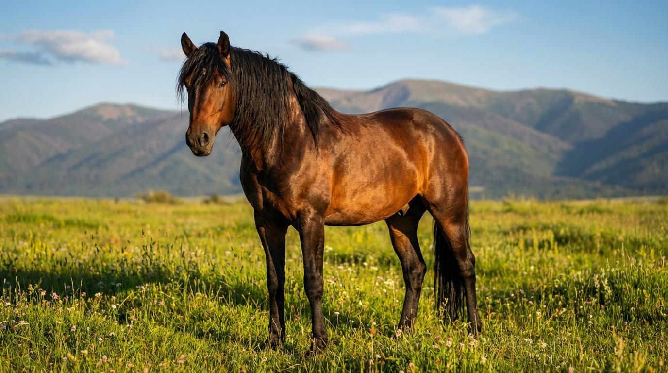 Start frame for Kling AI Avatar v2 Pro: Majestic Bay Horse in Meadow