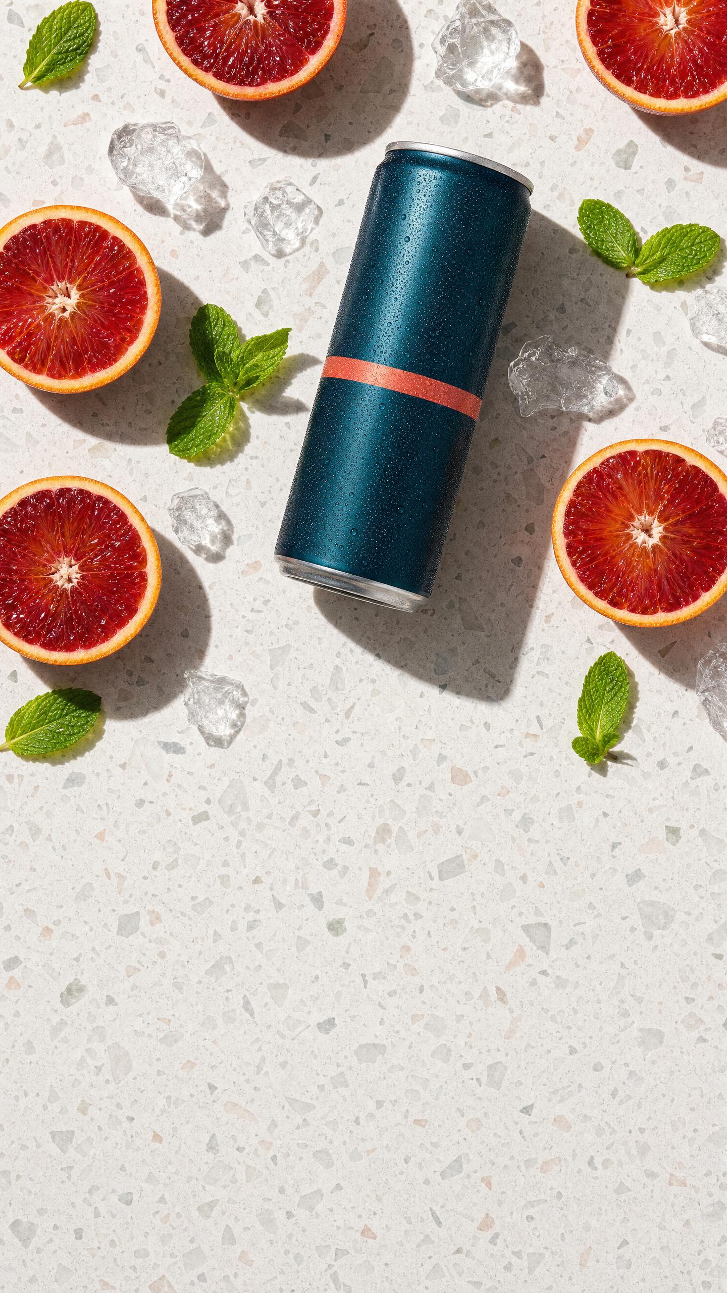 Overhead shot of a teal drink can on terrazzo with halved blood oranges, mint leaves, and ice