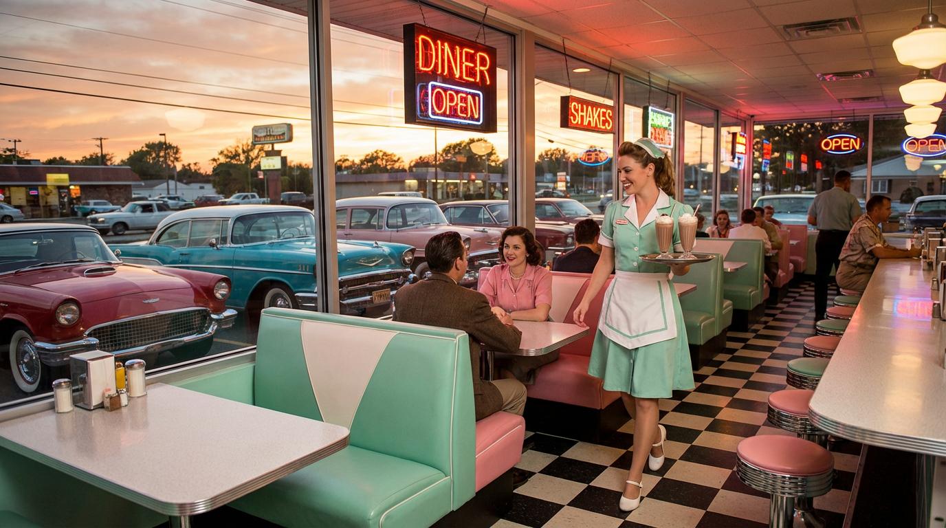Start frame for Retro 1950s Diner Waitress Serving Milkshakes — Grok Video