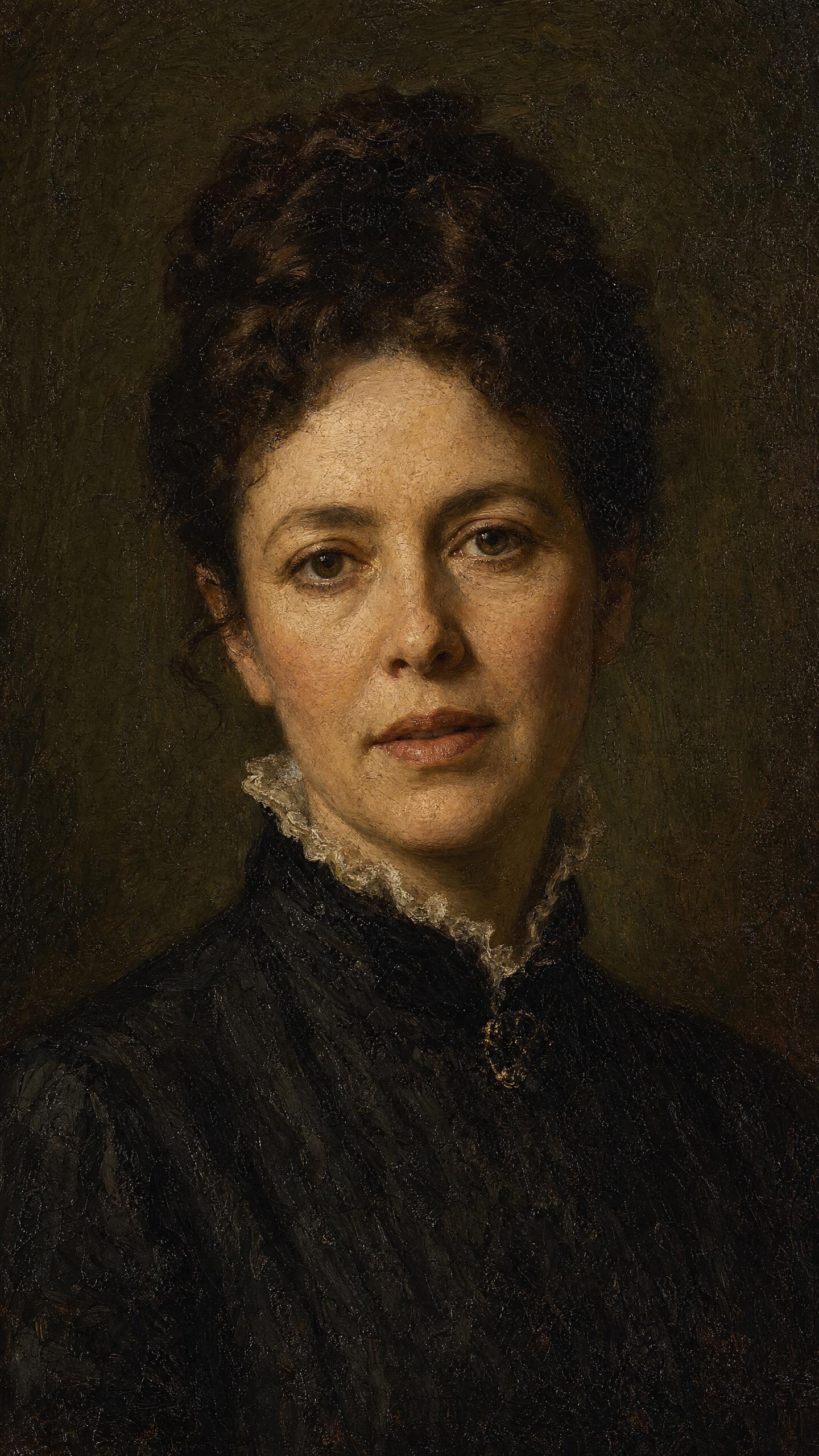 19th-century oil portrait of a woman with dark upswept hair and a black dress with a lace collar