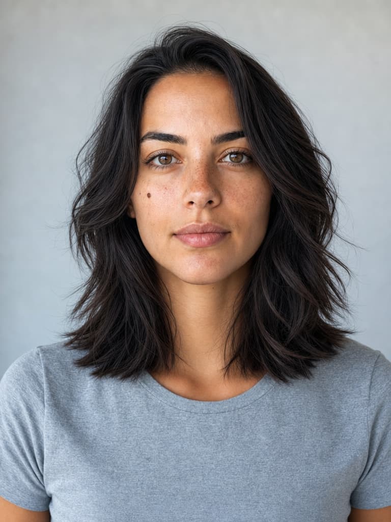 A woman with shoulder-length layered dark hair, in a gray T-shirt against a plain wall