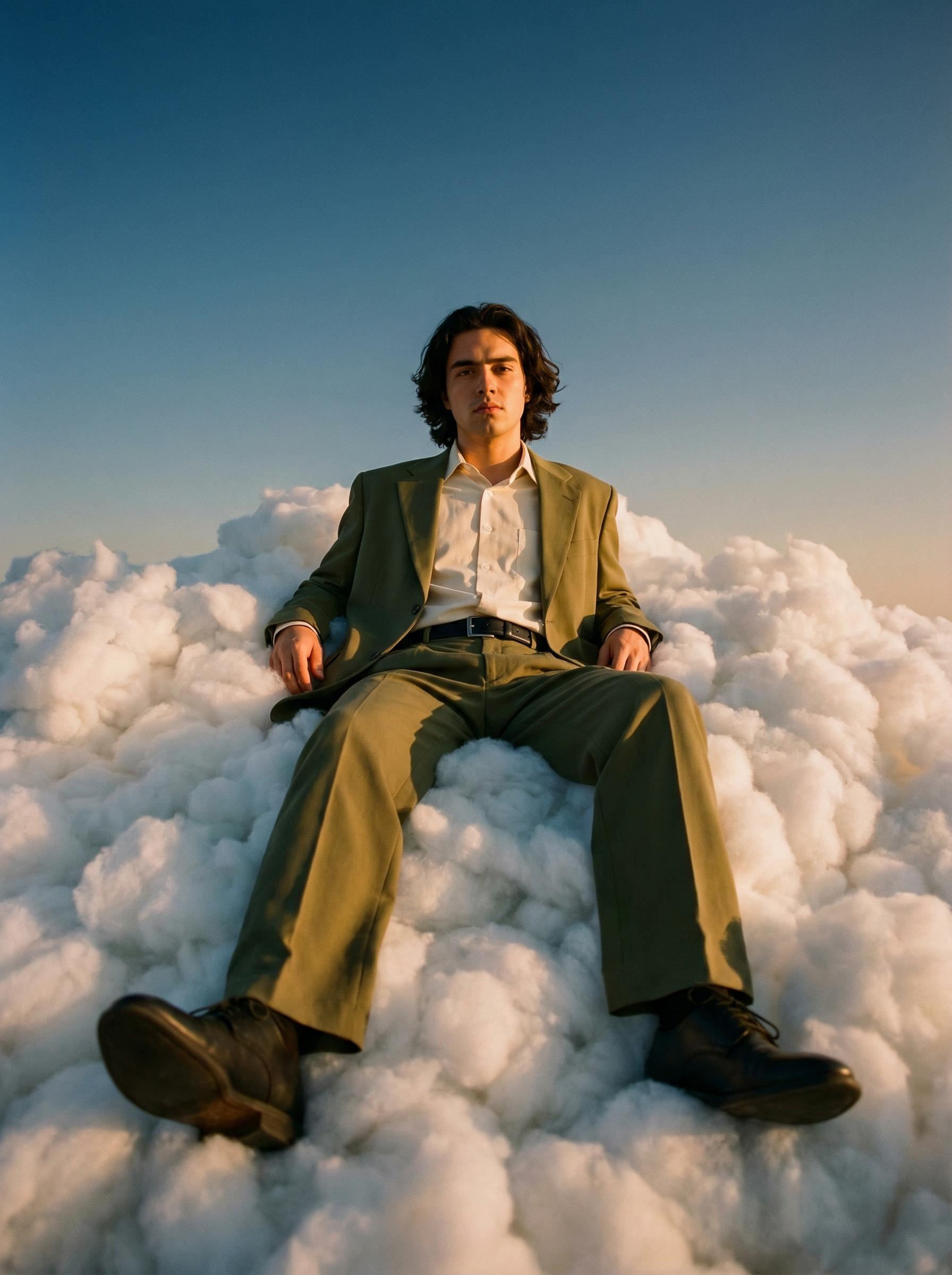 Man in an olive-green suit reclining on fluffy white clouds under a clear blue sky, seen from a low angle