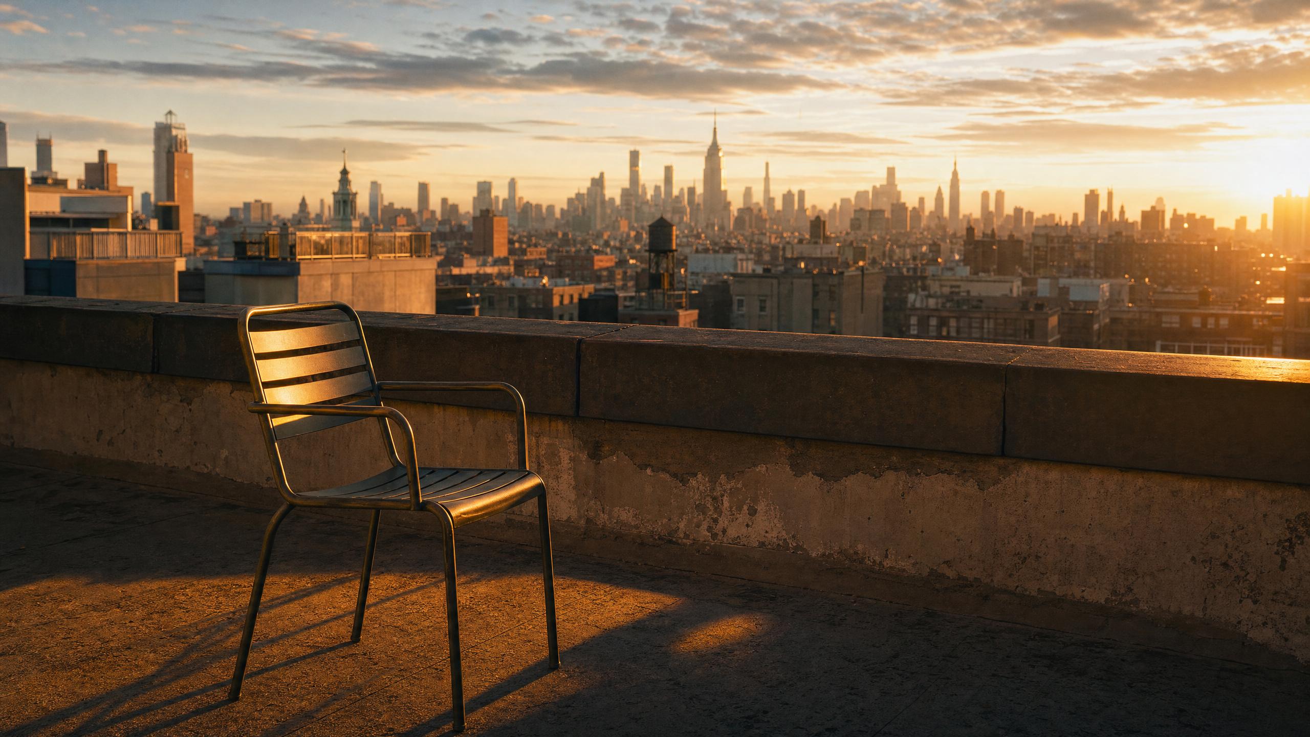 A rooftop terrace with a single steel chair overlooking a city skyline at golden hour, long warm shadows across the concrete