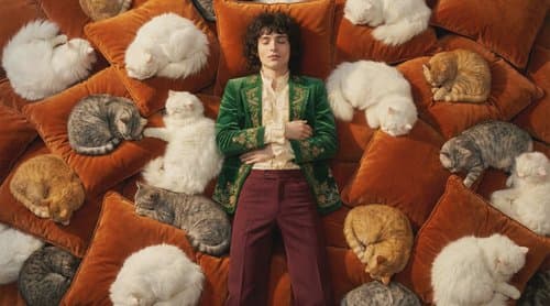 Man in a green velvet jacket lying among cushions covered in sleeping cats